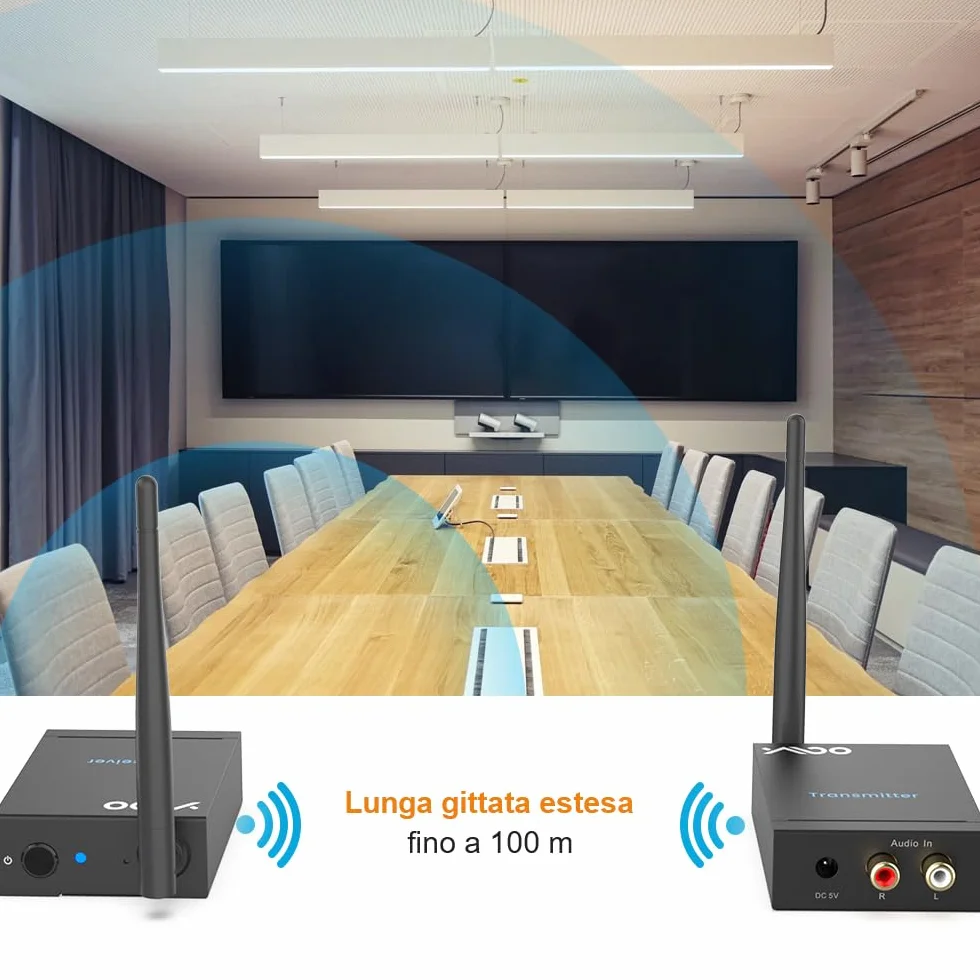 YMOO Trasmettitore Ricevitore Audio Wireless per TV, 2,4GHz Adattatore Bluetooth per Subwoofer, 100m, Jack da 3,5 mm e RCA, Bassa Latenza per Musica da PC a Hifi Stereo/Casse Attivo/CD