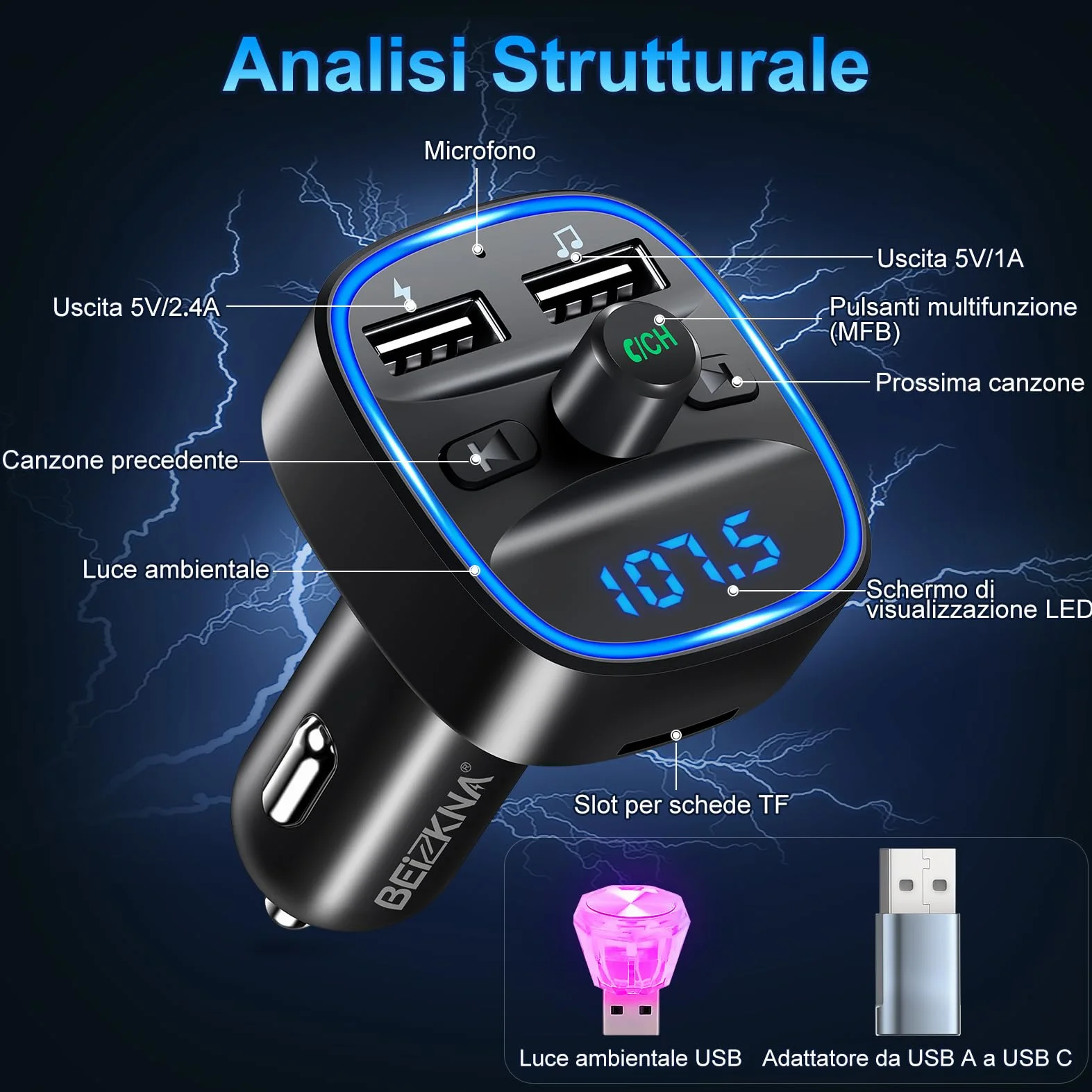 Trasmettitore FM Bluetooth 5.3 per Auto Radio, Adattatore Bluetooth Auto con 2 Porte USB, Kit Vivavoce MP3 Audio Lettore Caricabatterie Auto Supporto BT, Scheda TF, Disco USB