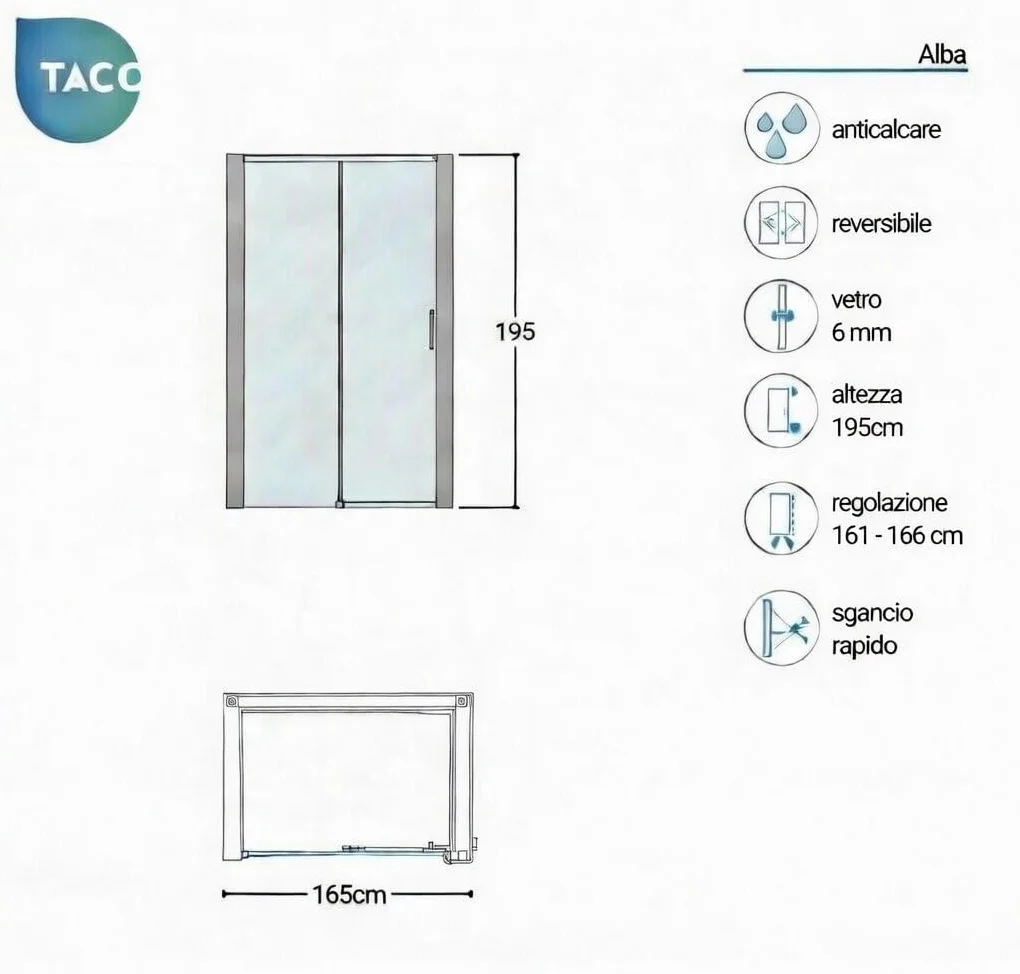 Box doccia a nicchia 165 cm ALBA Cromato drzwi przesuwne H195 cm