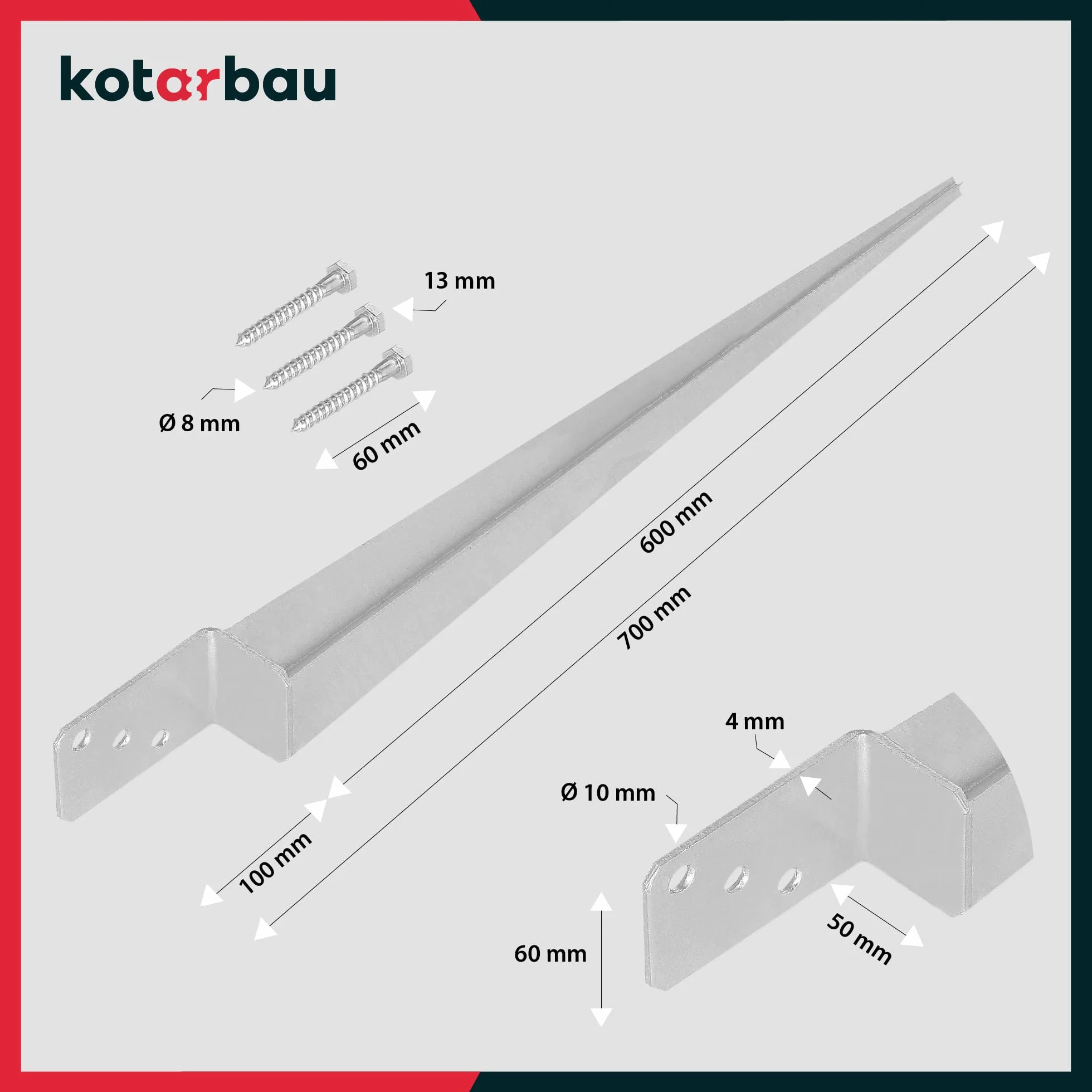 KOTARBAU® 4 Pezzi Supporto per Palo Acciaio Zincato 600 mm 60 x 110 mm Staffe per Pali in Legno Resistente alla Corrosione