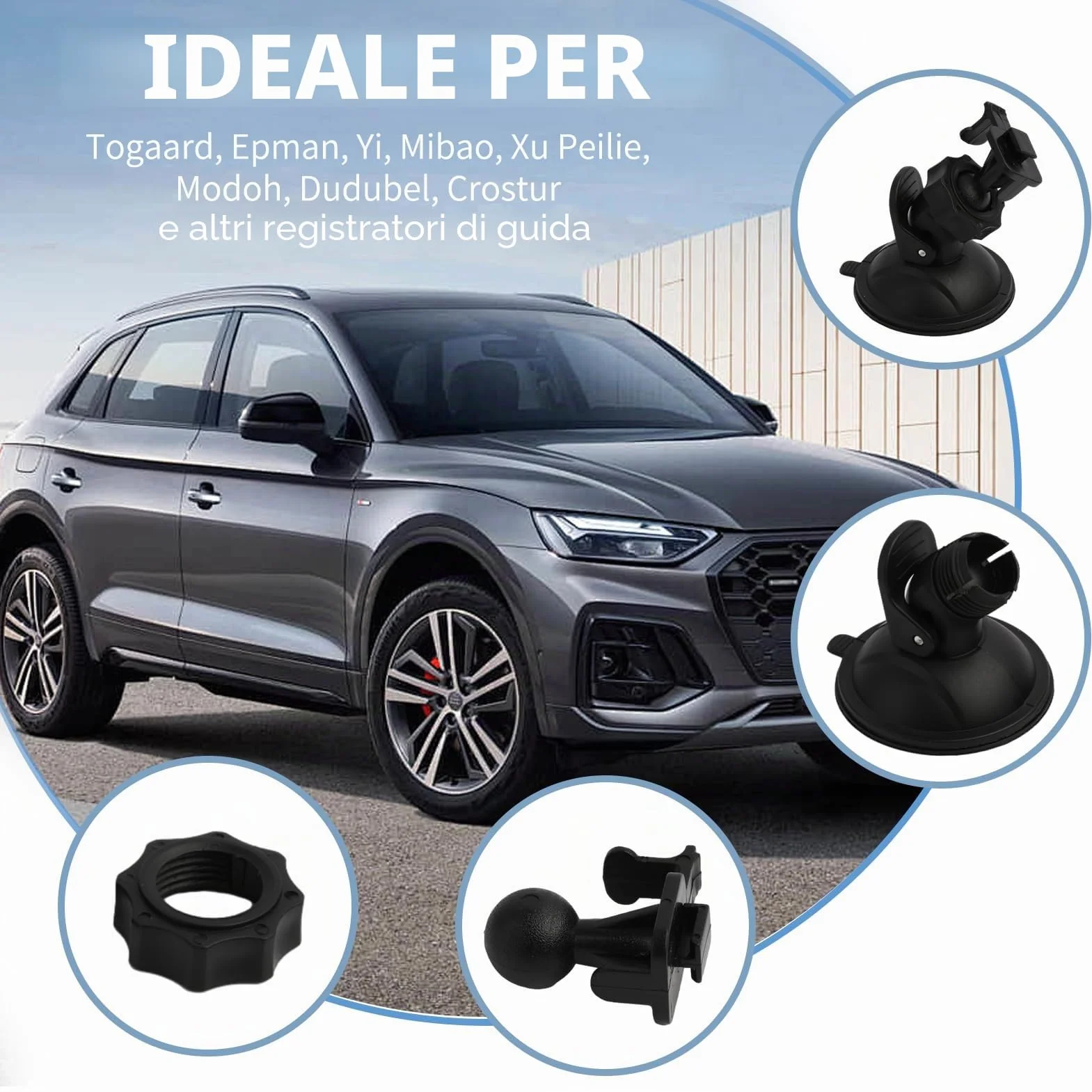 Supporto da Auto con Ventosa per Cruscotto e Parabrezza, Compatibile con Dash Cam, GPS e Action Camera, con Adattatore a 6 Tipologie e Rotazione a 360 Gradi, Buona stabilità Visione Grandangolare