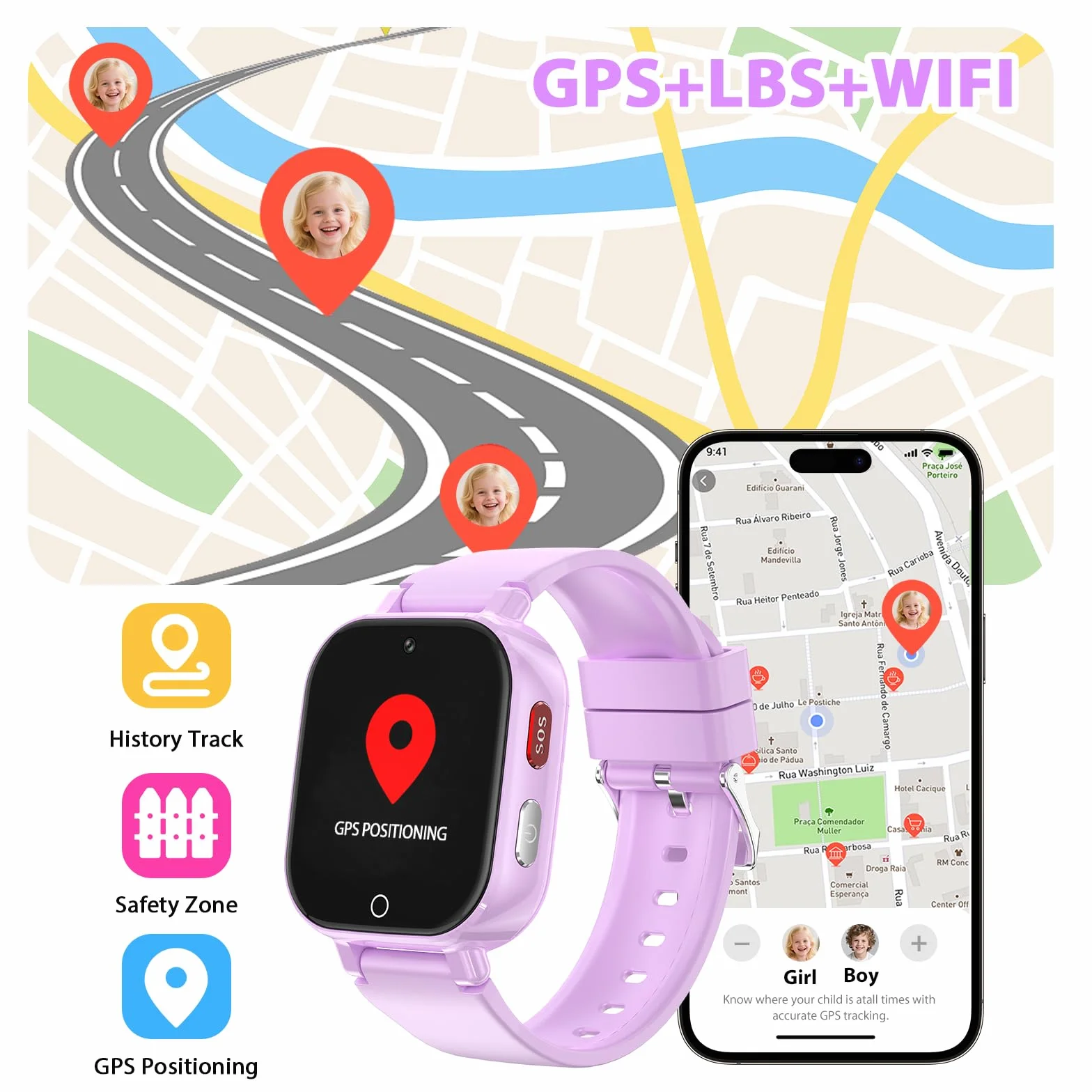 Smartwatch Bambini 4G con Videochiamata, GPS, SOS, Chat Vocale, IP68 Impermeabile, Modalità Classe, Contapassi, Sveglia, Camera, Orologio Smartwatch Regalo per Bambino e Bambina 4-12 Anni (Lila-8A)