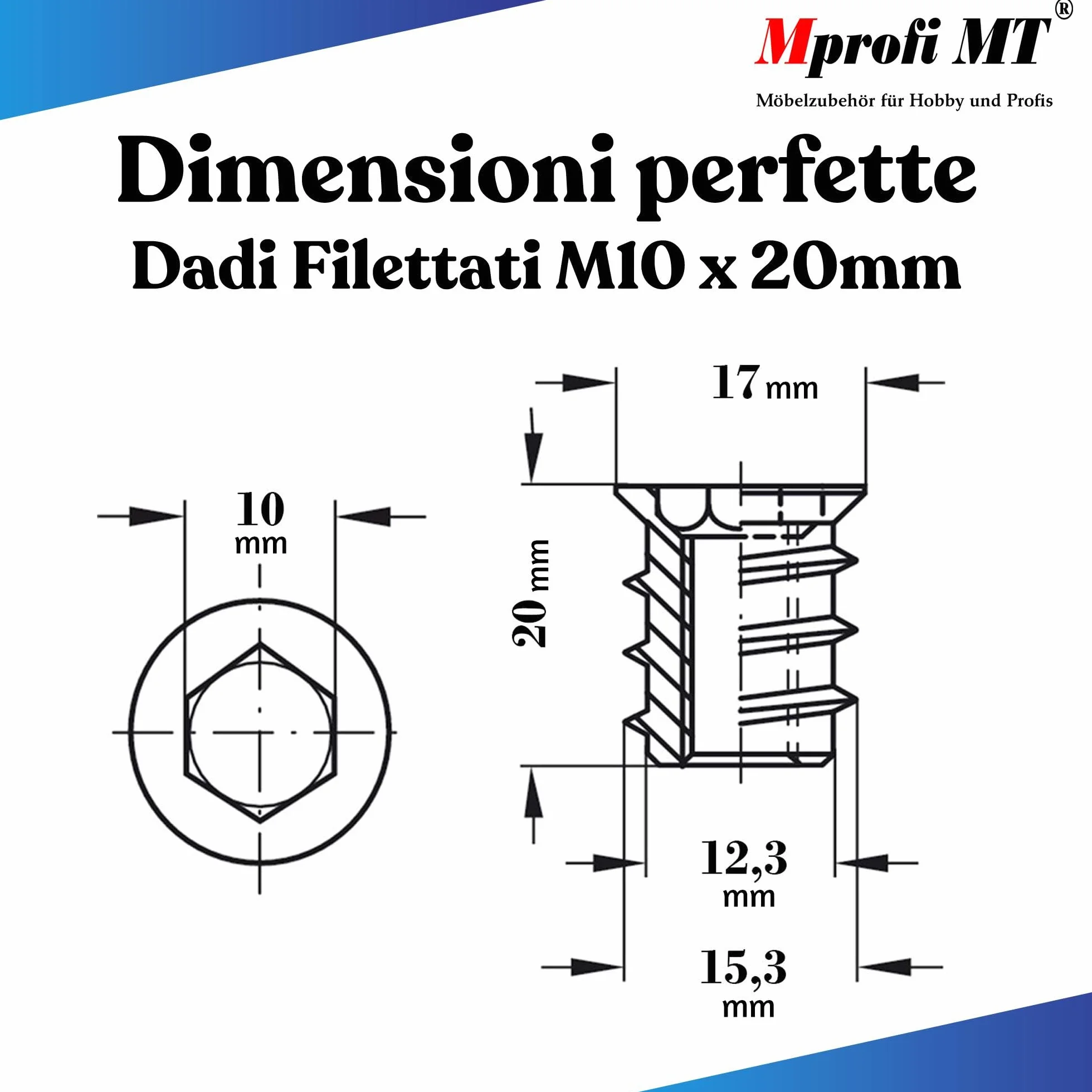 Mprofi MT® Dado Esagonale Inserti M10 x 20mm Inserti Filettati per Mobili in Legno