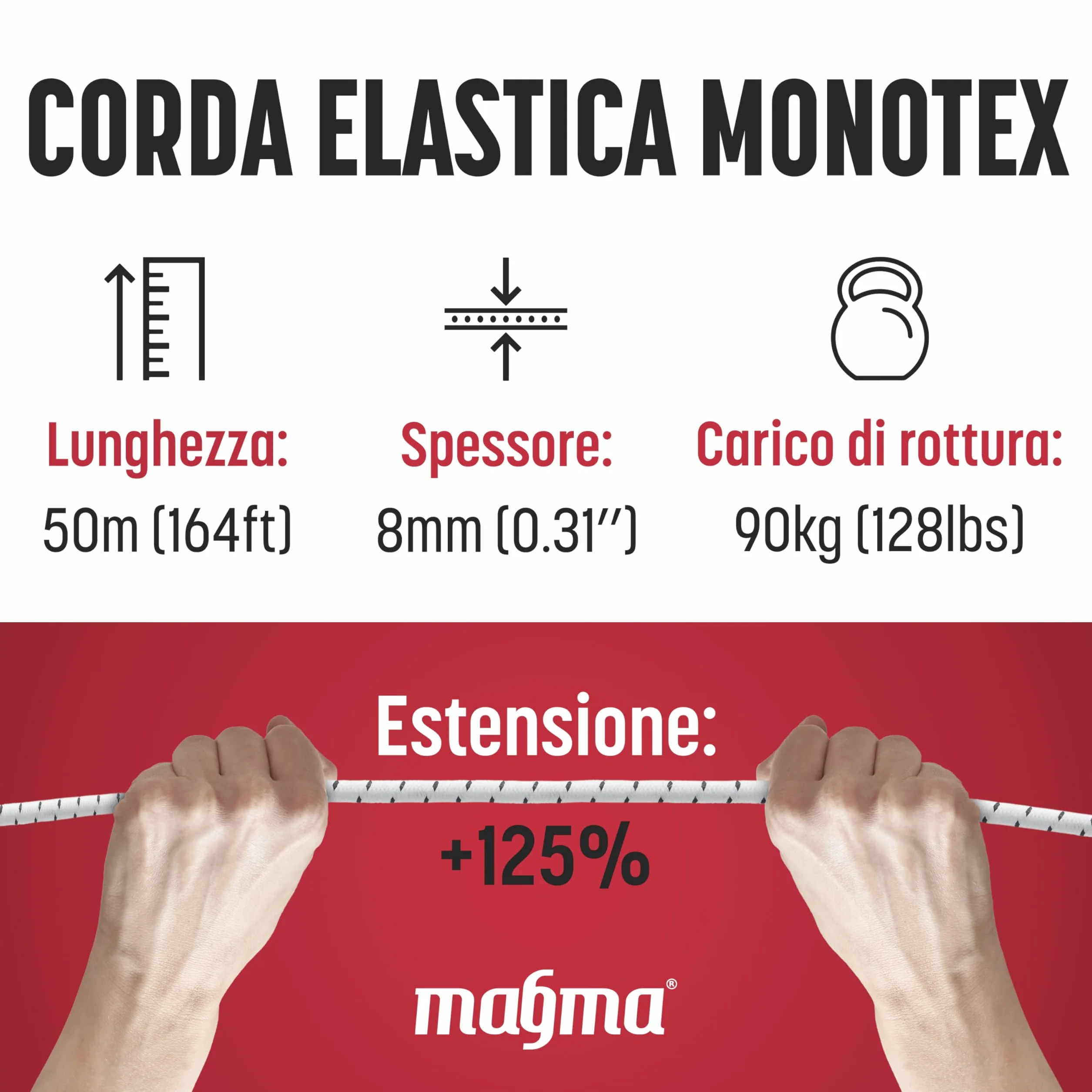 Magma Rotolo di Corda Elastica 25m | Corde Elastiche da 8 mm di Diametro per Pesca, Vela, Campeggio, e Fissaggio Teloni | Extra Forte, Per Interno, Esterno, Giardino e Auto | (Bianco)