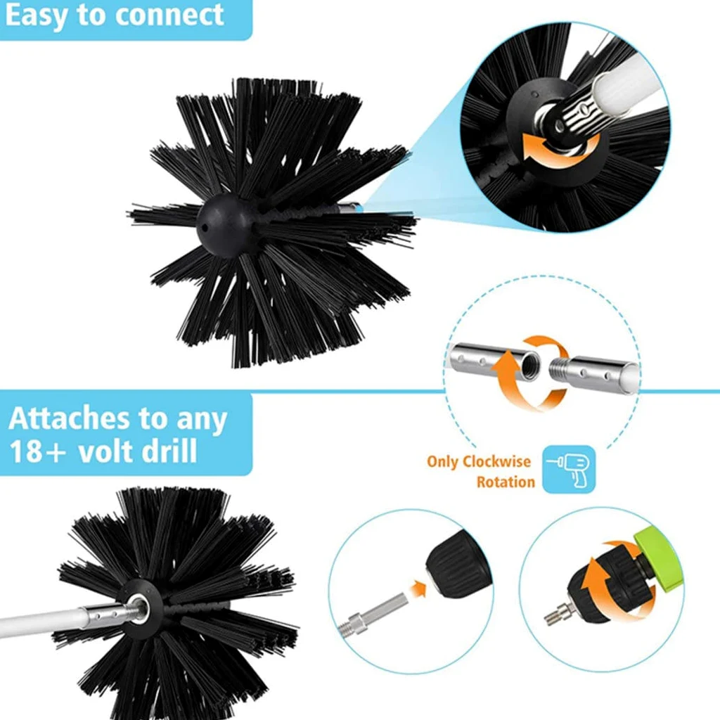 Spazzole per Camini Fumaria, Spazzola per Camino con 9/18 Aste 1/2 Testine 1 Connettore 1 Spazzola Lunga, Kit di Spazzamento per Camino Sfiato Dell'asciugatrice,9 Rods + 1 Brush Head