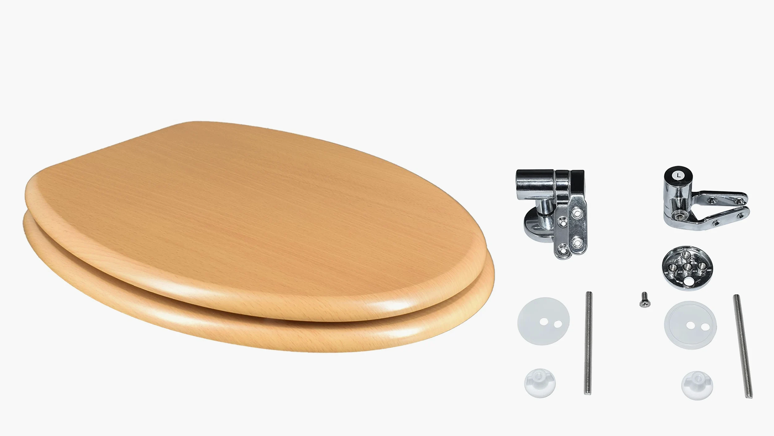COPRIWATER OVALE IN MDF RIVESTITO FAGGIO, COLOR FAGGIO, CON CERNIERE A CHIUSURA RALLENTATA