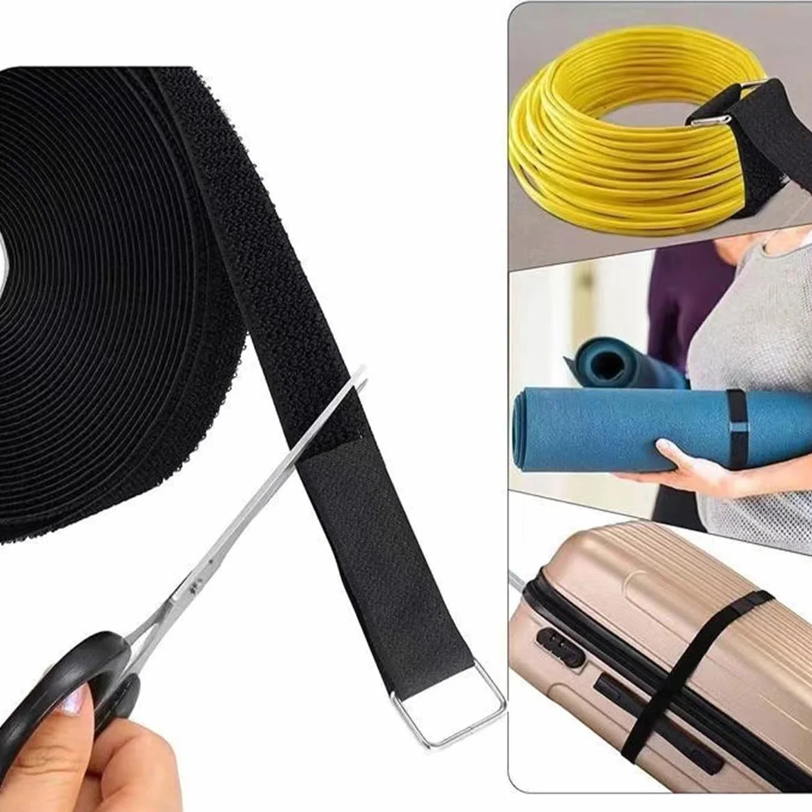 Fettuccia Nylon Resistente 10m con 50 Fibbie Chiusure Strappo Fascette Fermacavi Riutilizzabili Nero