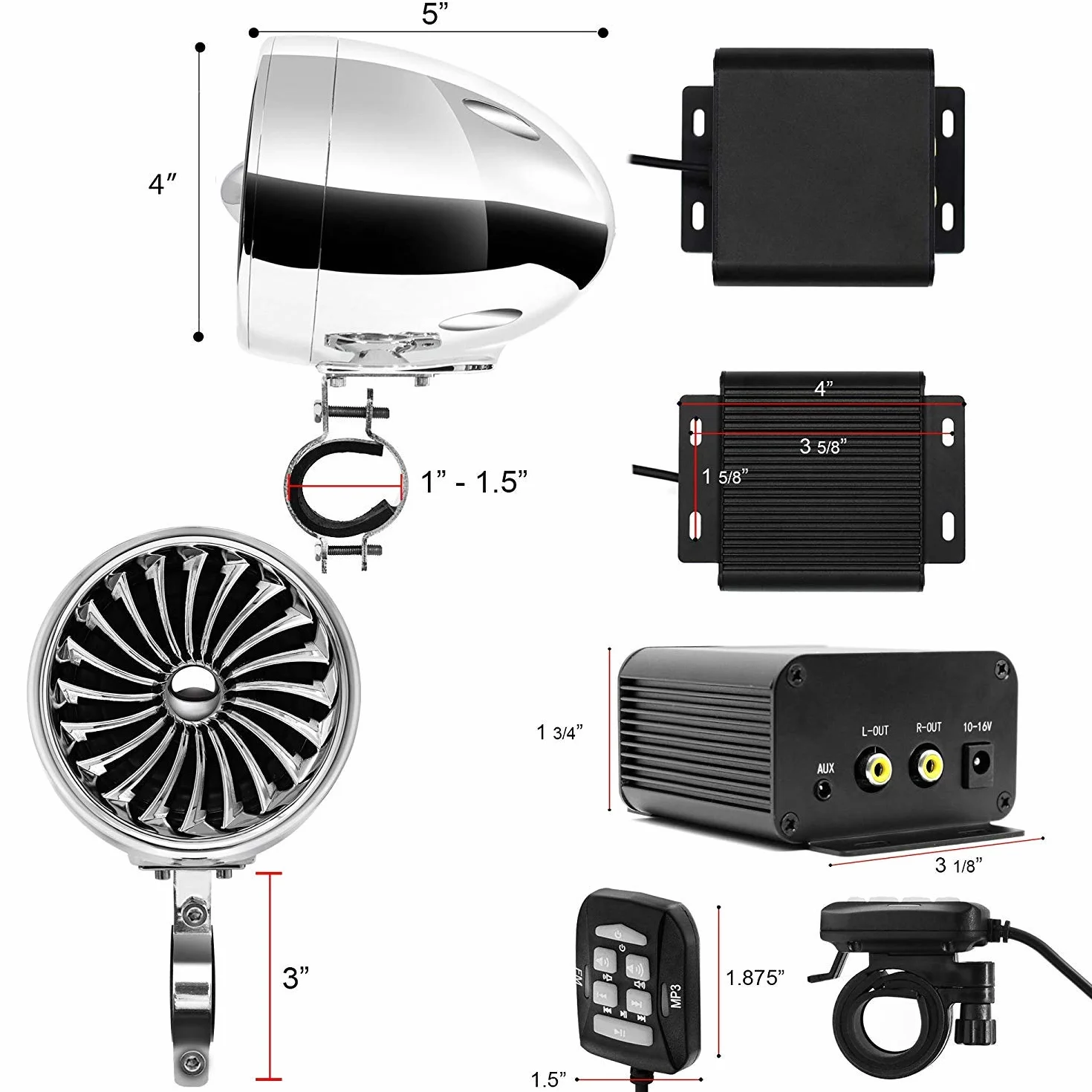 M150 Moto Sistema Audio Amplificatore con AUX, MP3, Radio FM, 4 pollici Impermeabile Bluetooth Altoparlanti Stereo, Adatto per 1-1.5 in. Manubrio Moto ATV UTV RZR (Chrome, Ventilatore)