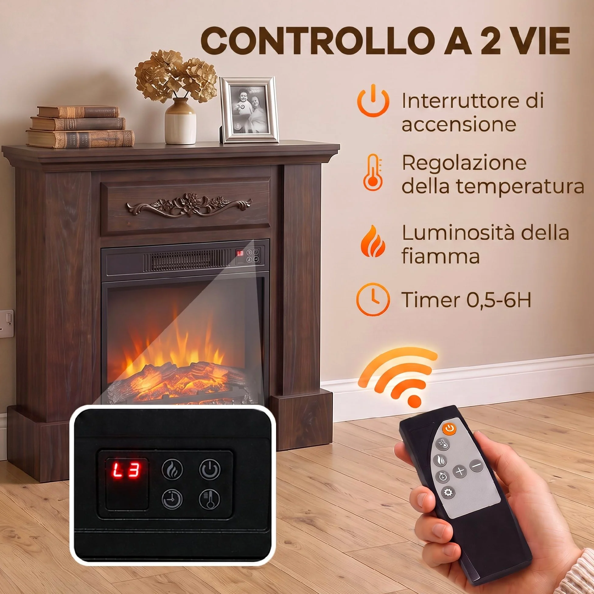 HOMCOM Camino Elettrico Cornice Effetto Fiamma Realistico 1800W Marrone | Caminetto Elettrico da Incasso e Terra, Stufa con Telecomando, Termostato, Timer, Riscaldamento Regolabile, Soggiorno
