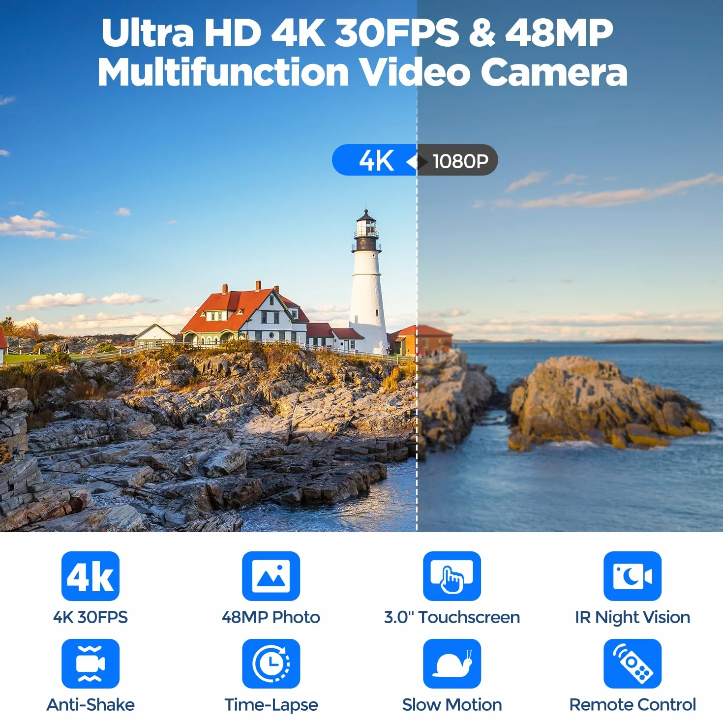Videocamera 4K 48MP Camcorder 16X zoom digitale IR Videoregistratore per visione notturna 3" 270° Touch Screen Video Camera Vlog Camera per Youtube con scheda SD da 32 GB, Telecomando, Batteria