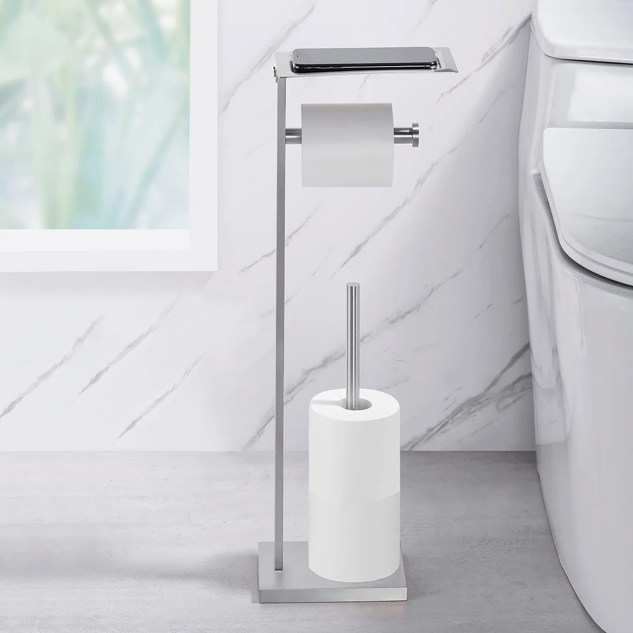 Miyili Porta carta igienica autoportante in acciaio inox con ripiano quadrato finitura spazzolata, F04N2