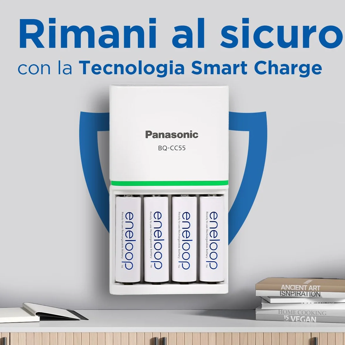 eneloop Caricabatterie SmartPlus per Batterie AA/AAA Ni-MH, Include 4 Batterie AA 2000mAh, Ricarica Rapida 1,5 Ore, con LED e 10 Funzioni di Sicurezza