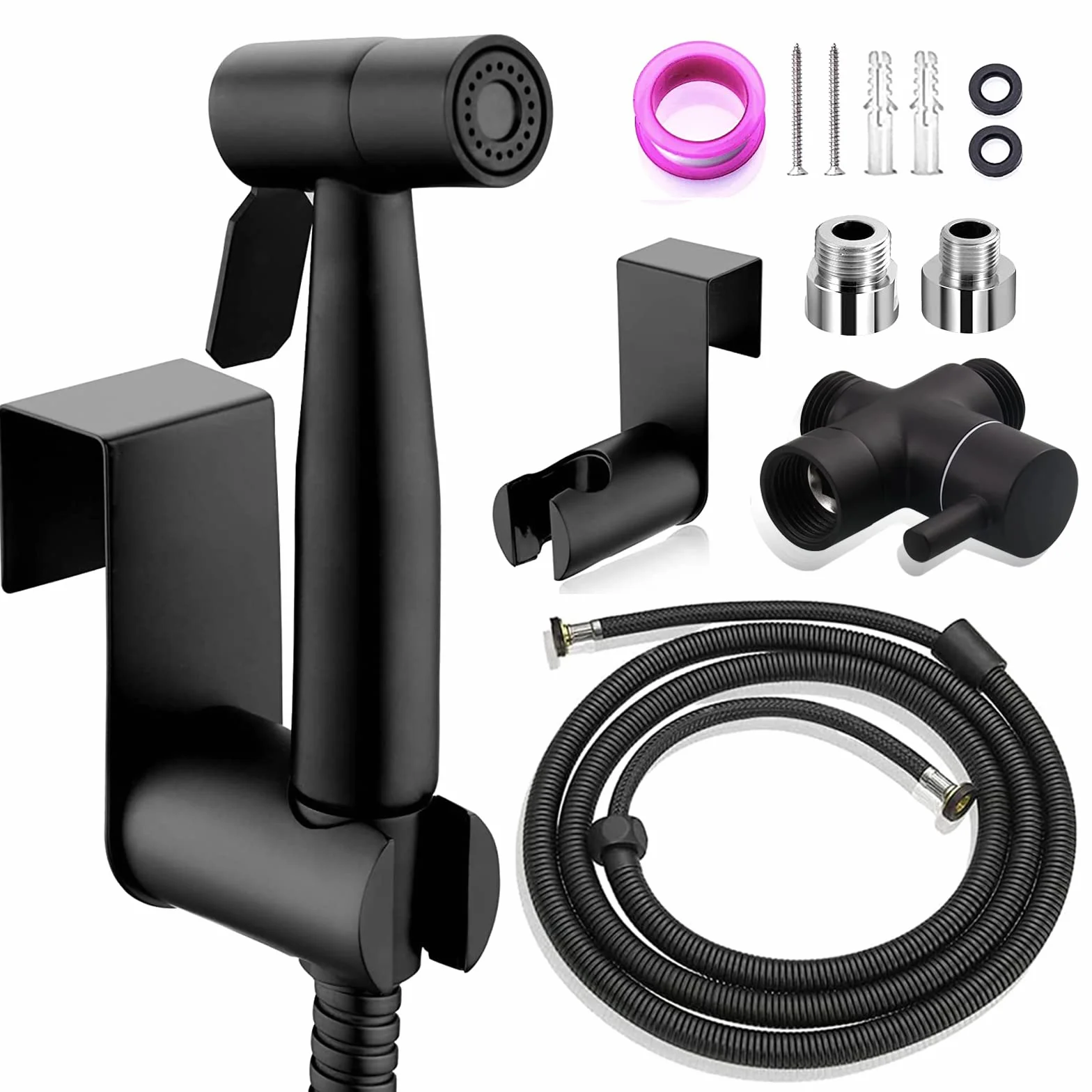 Set di doccetta per bidet, in acciaio inox spazzolato, bidet con valvola G1/2" e un adattatore G3/8" per doccia, bagno, carta igienica, pulizia dei pannolini (nero)