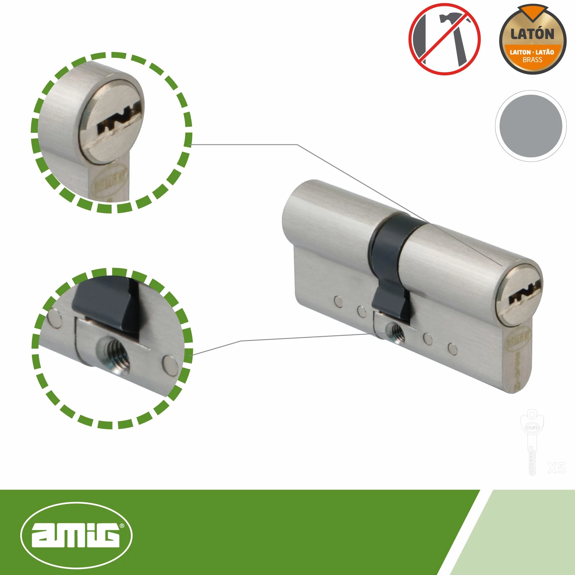Amig - Cilindro di Alta Sicurezza Modello 20.010 | Ottone Cromato Opaco | Doppia Frizione e Protezione Antitrapano | Carta di Proprietà e 5 Chiavi di Sicurezza | 70 (35-35) mm | Carpenteria Metallica