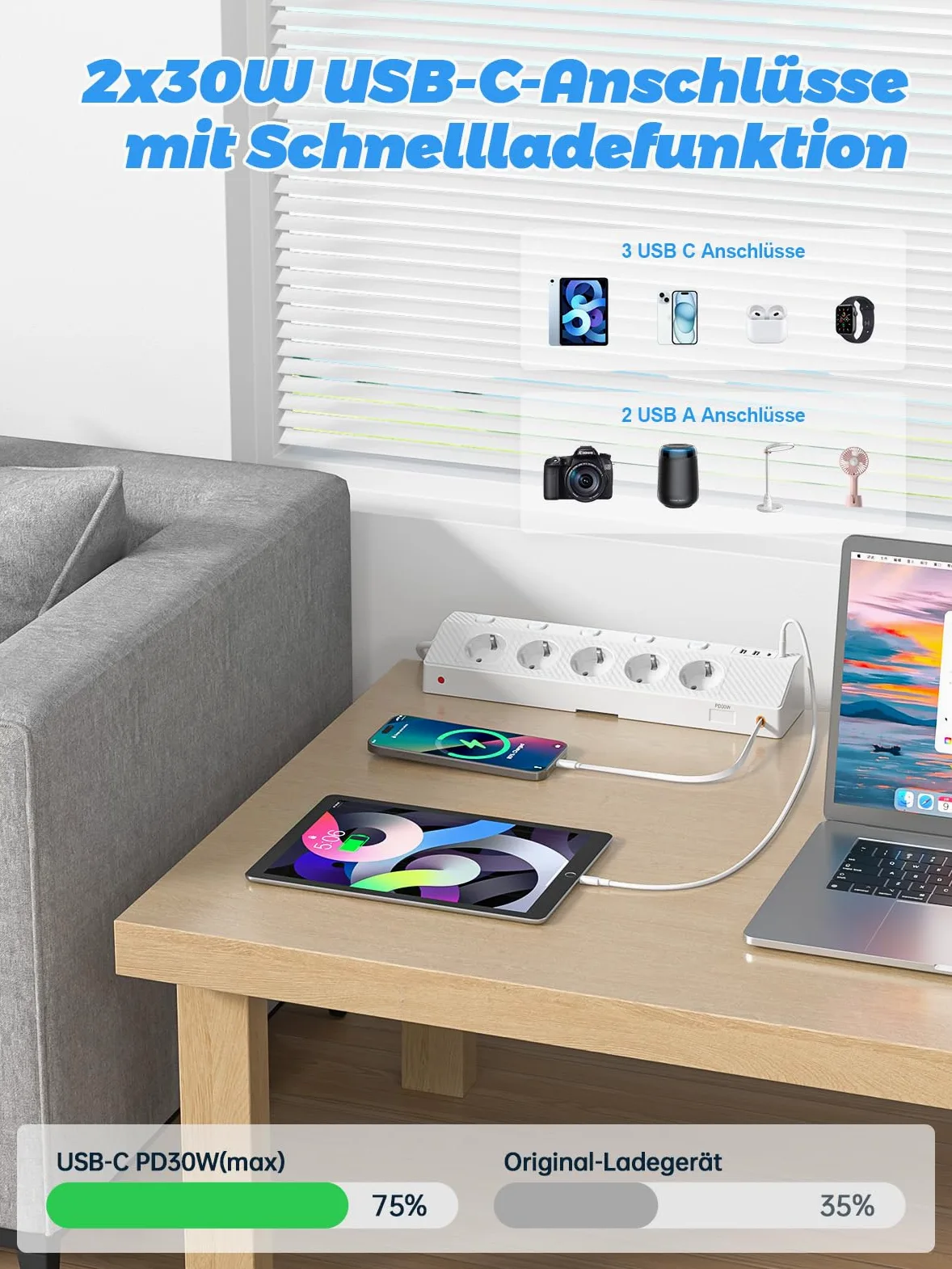 Ciabatta elettrica da tavolo con morsetto USB PD 30 W, 5 prese, multipresa da scrivania con protezione da sovratensione e commutabile singolarmente, presa angolare 10 in 1 con cavo da 3 m, bianco