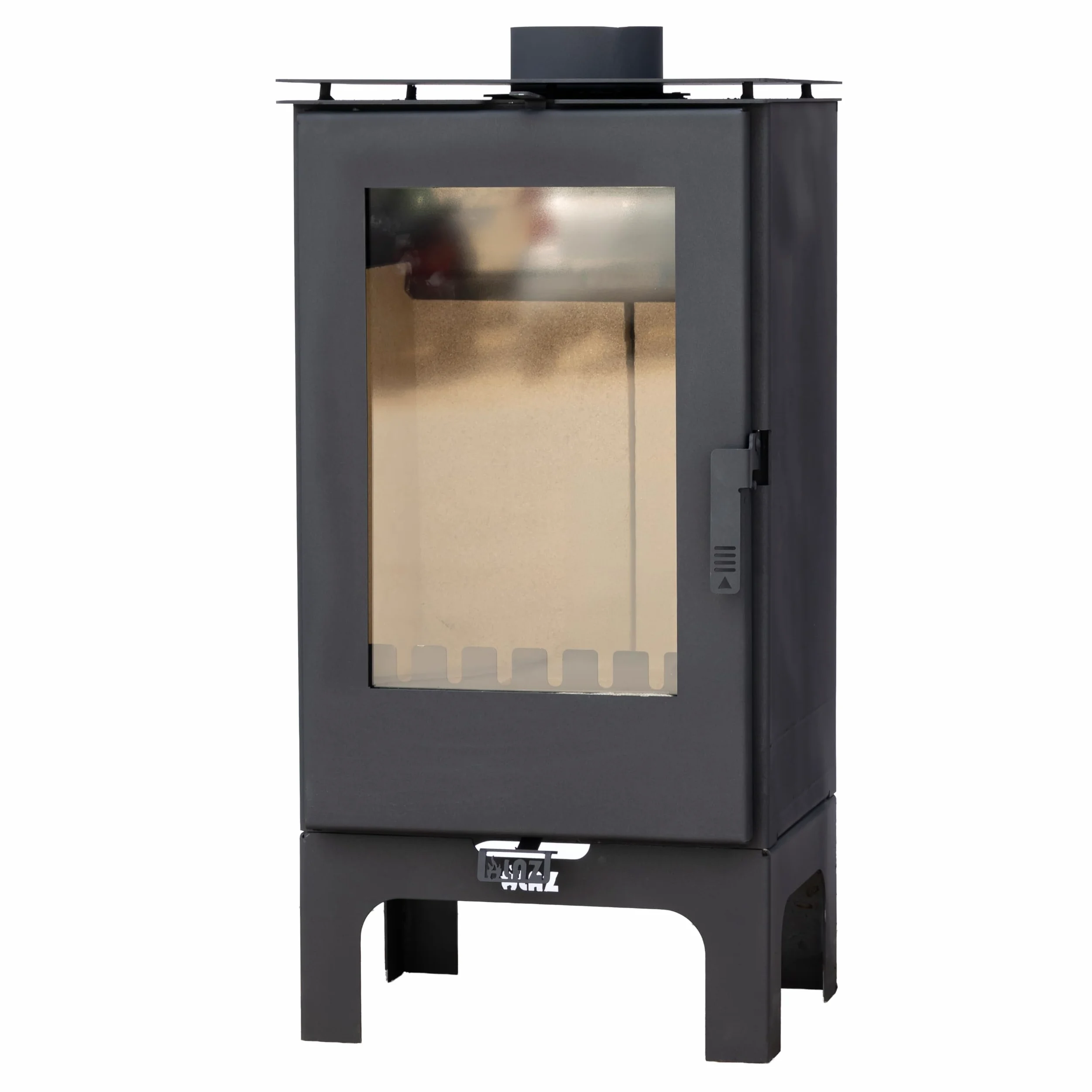 ALAZ K8M-L stufa a legna da 6 kW, colore nero, camera di combustione con refrattario, grande finestra e vano cenere, per tronchi fino a 50 cm, classe di efficienza energetica A