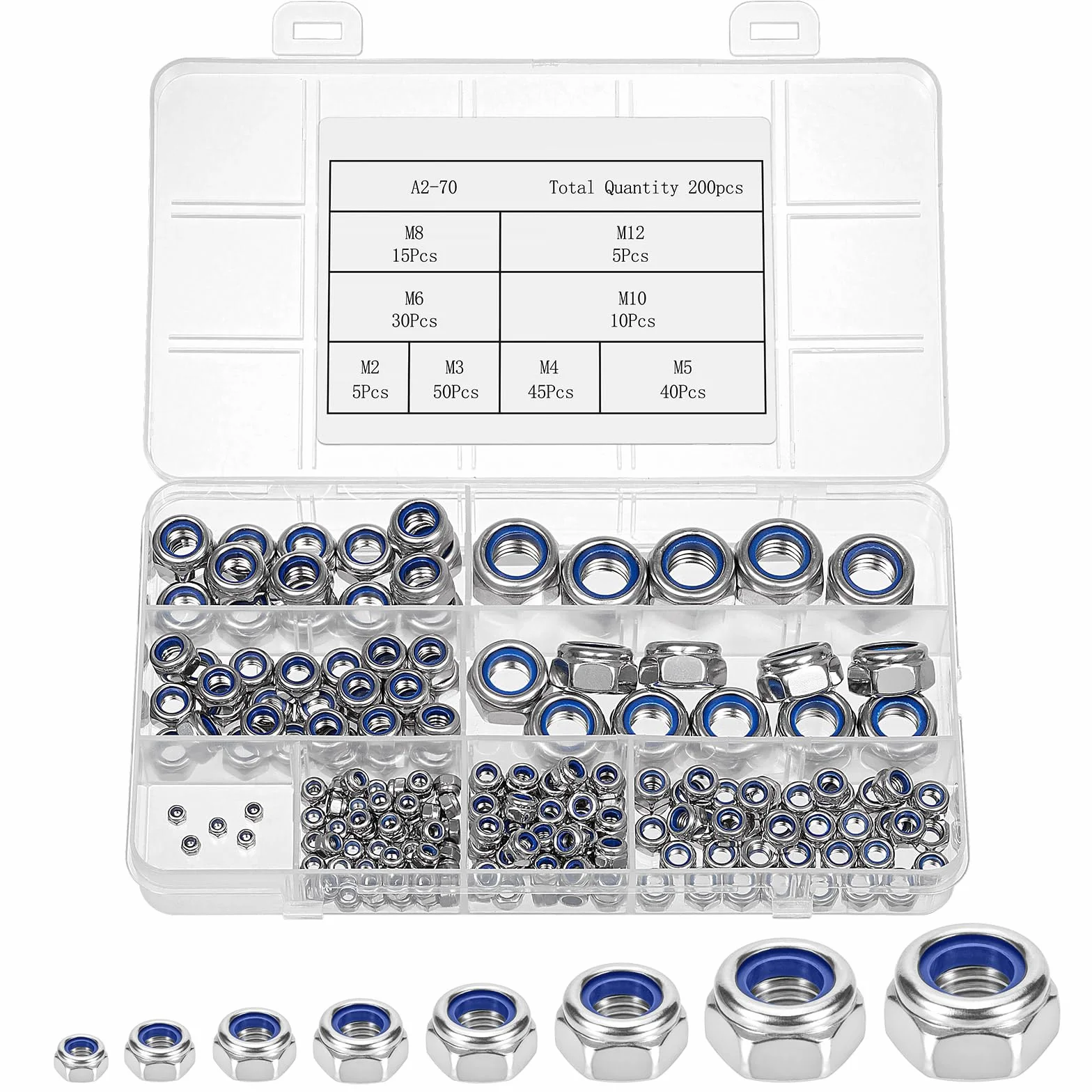 Dadi Autobloccanti Acciaio Inox A2-70 Set 8 Pezzi M2 M3 M4 M5 M6 M8 M10 M12