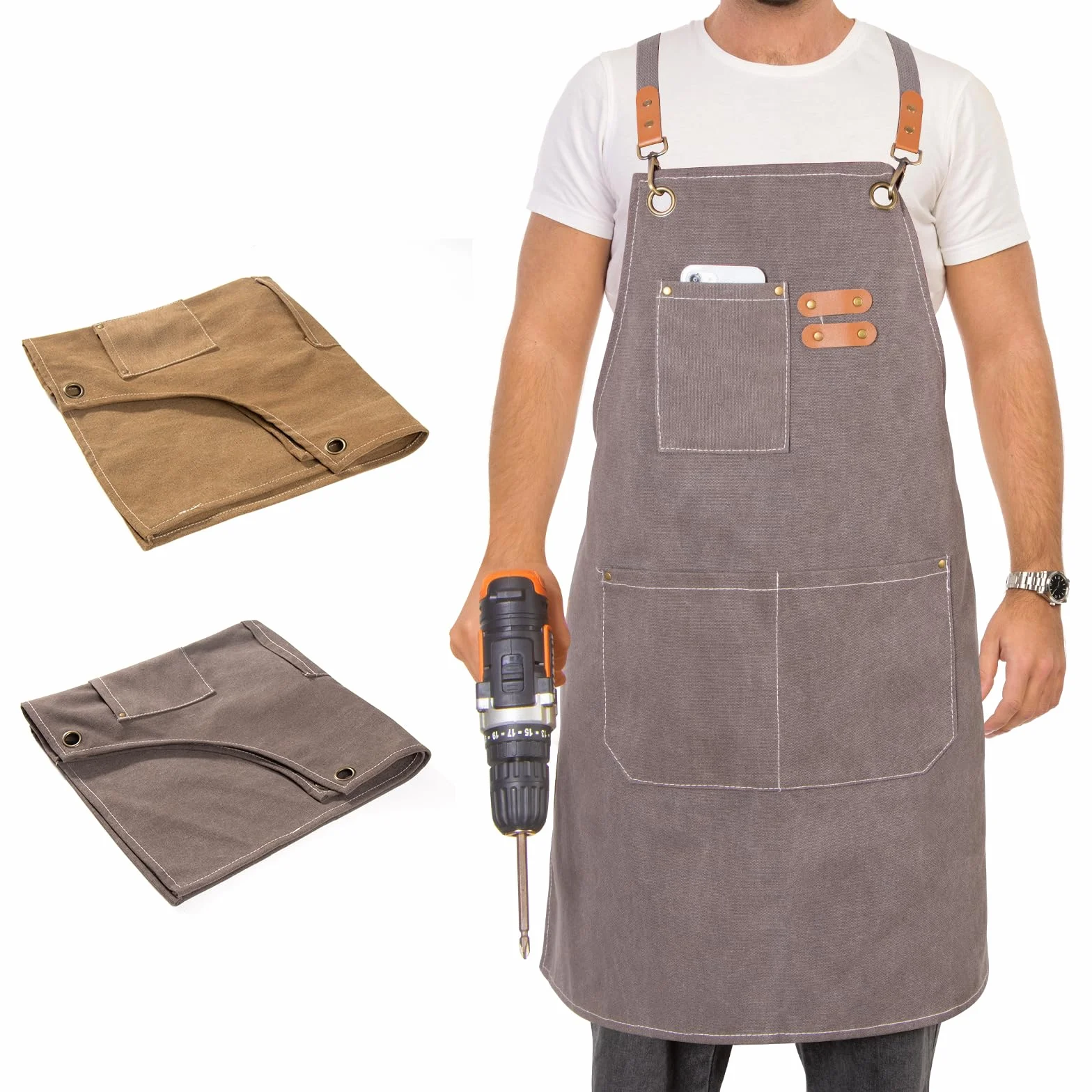 Grembiule da Lavoro Resistente con Tasche Multiple, Regolabile, per Carpenteria, Giardinaggio, Meccanica (Grigio Scuro)