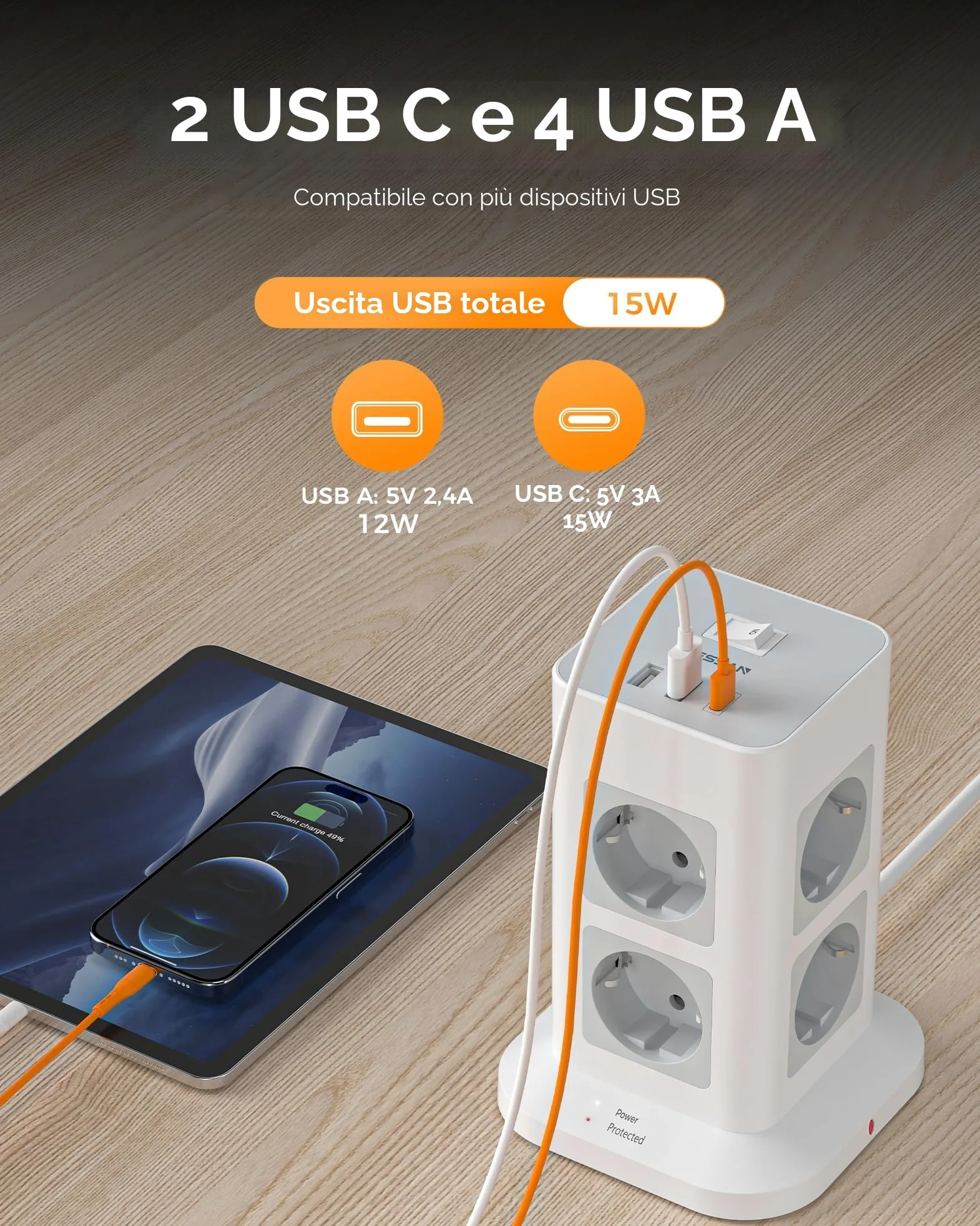 TESSAN Ciabatta Multipresa con USB, Multipresa Elettrica con 8 Prese e 3 USB, Protezione Sovratensione 1700J, Ciabatta Elettrica con Cavo 5M e Interruttore, Grigio