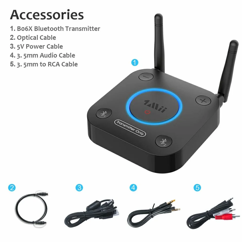1Mii Trasmettitore Bluetooth 5.2 per TV a 2 Cuffie Bluetooth, Adattatore Audio Wireless TV con Controllo Volume, Ingresso Ottico, Coassiale, AUX, RCA, AptX Bassa Latenza, Lungo Raggio 60m