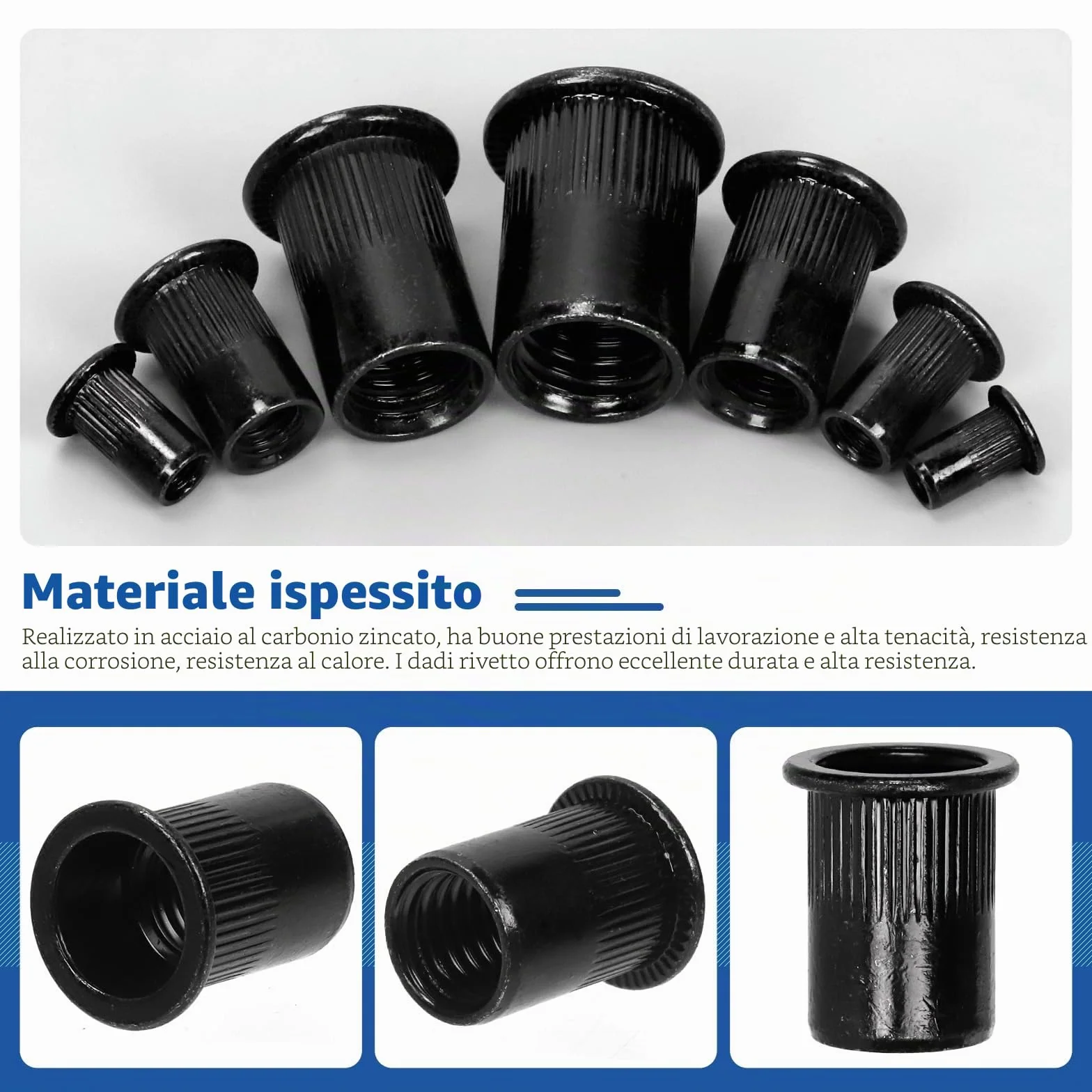Glarks Set 320 dadi filettati M3 M4 M5 M6 M8 M10 M12 acciaio carbonio zincato nero testa piatta rivnut inserti filettati