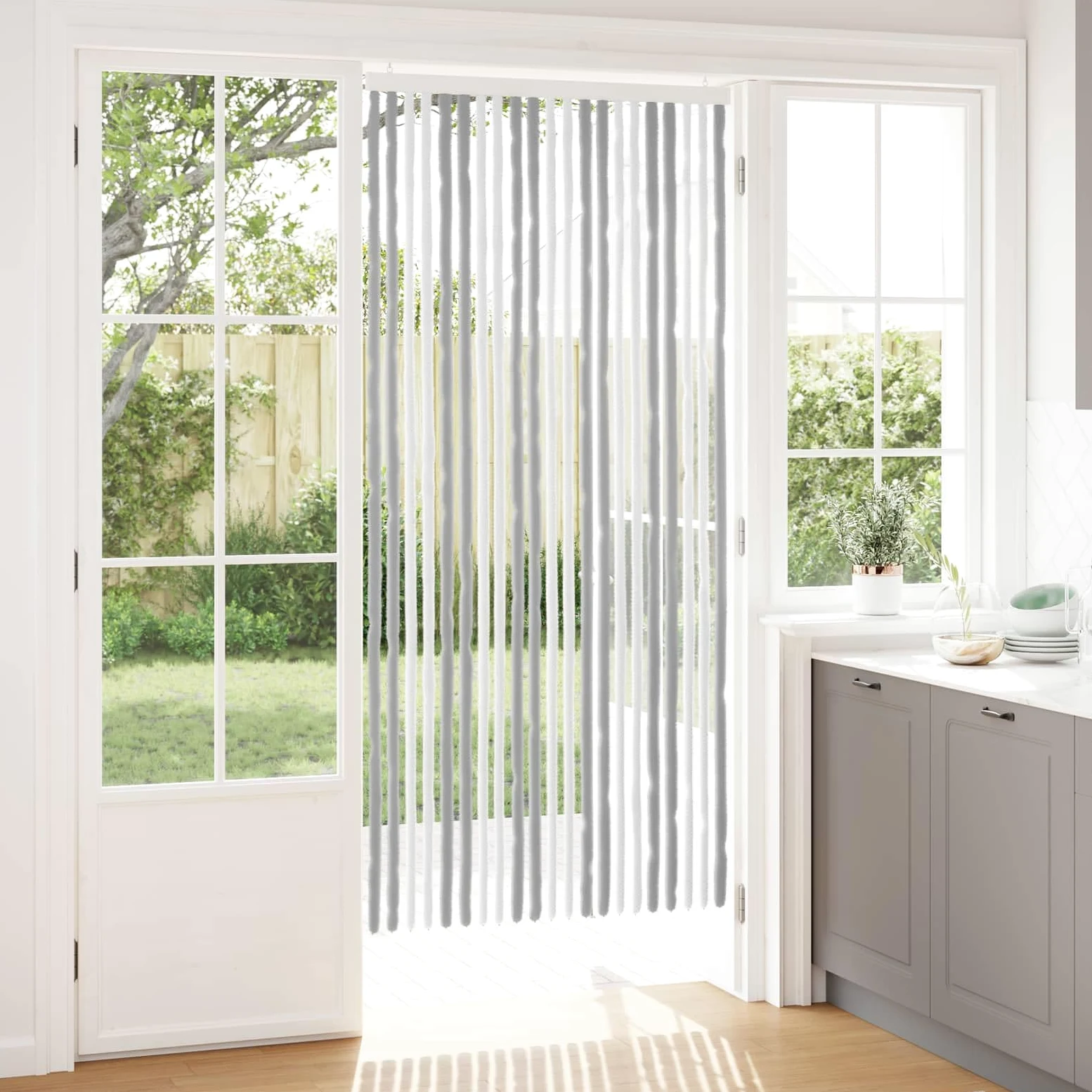 Zanzariera in ciniglia grigio e bianco, 90 x 200 cm, in 100% polipropilene, con ganci, zanzariera per porta, per appartamento, balcone e terrazza