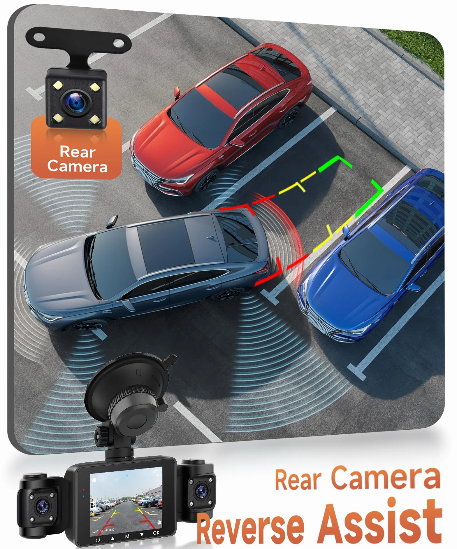 Rimoody 360° 4 Canali Dashcam Auto, 4 Telecamera HD 1080P Anteriore e Posteriore Sinistra Destra, 2.4 Pollici Schermo IPS Dash Cam con Visione Notturna IR/Loop video/24H Parcheggio Monitor/G-Sensore
