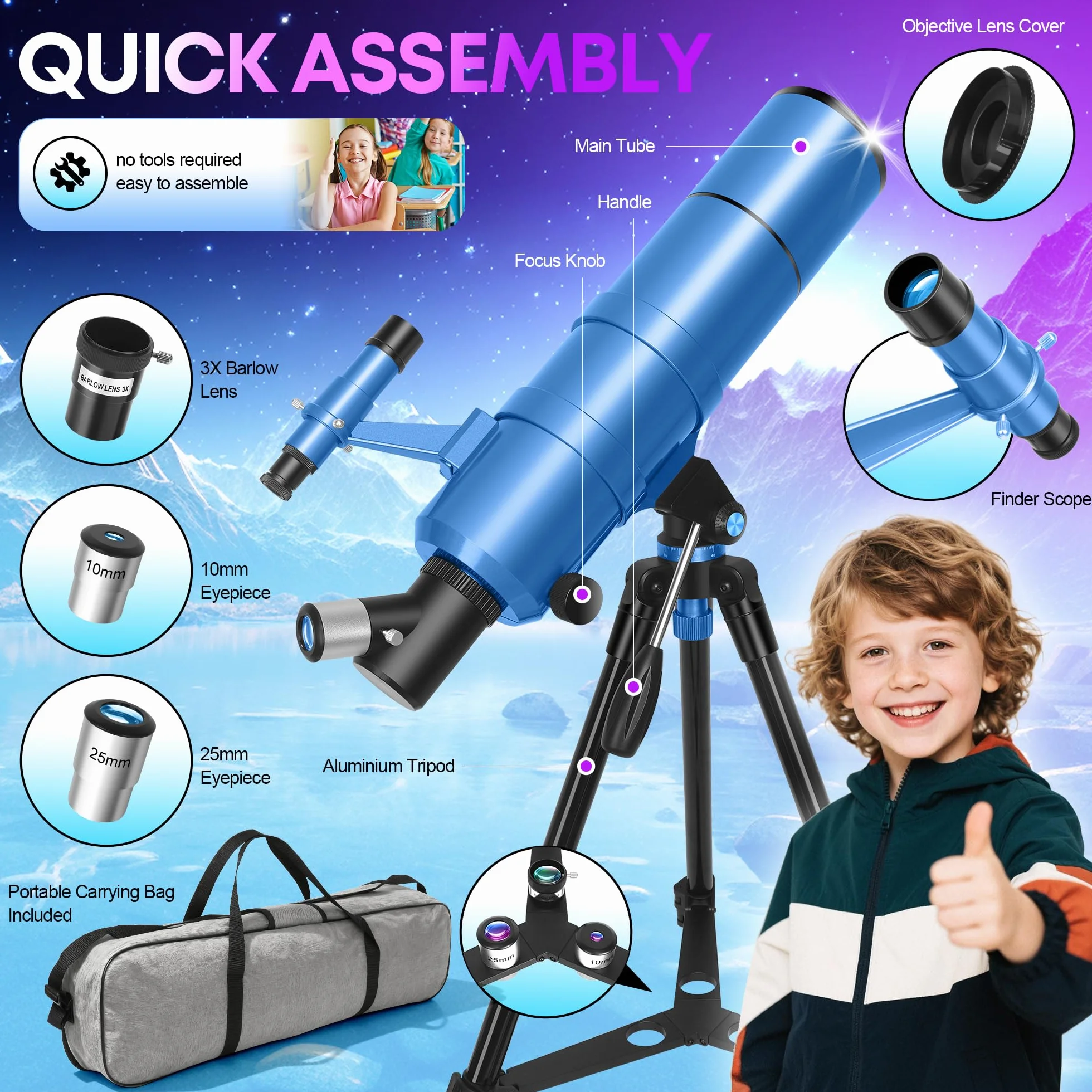 UncleHu Telescopio Astronomico Per Adulti E Bambini Principianti, 22X-165X, Telescopio Riffrattore Astronomico 90/550mm Con Sgabello Pieghevole&Treppiede&Adattatore Per Smartphone E Borsa Da Trasporto