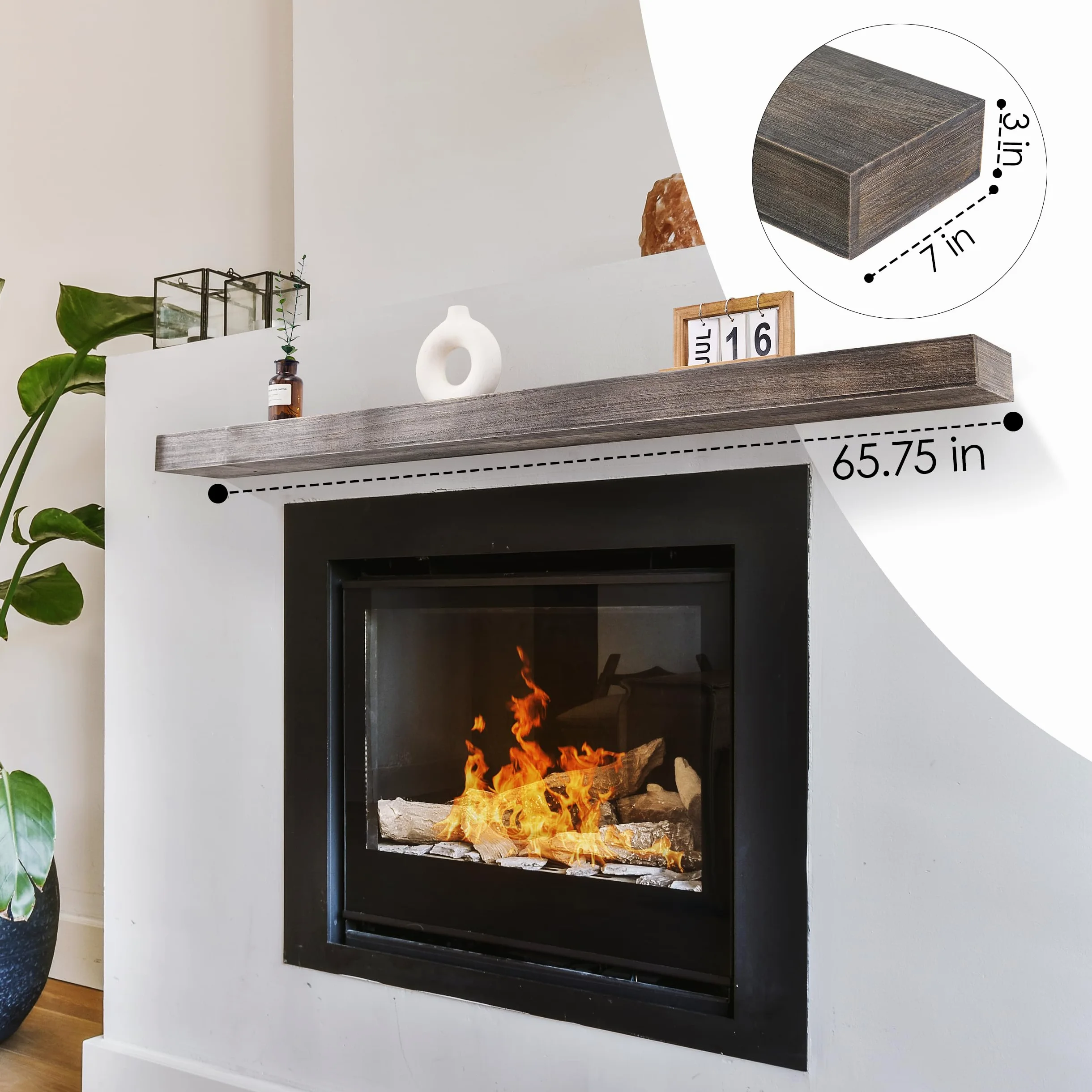Houseables Mensola galleggiante per caminetto, mantello, mensola da camino, mensola in legno, mensola per camino, per parete, sopra il camino, trave in vero legno, grigio rustico, 167 cm, capacità 34