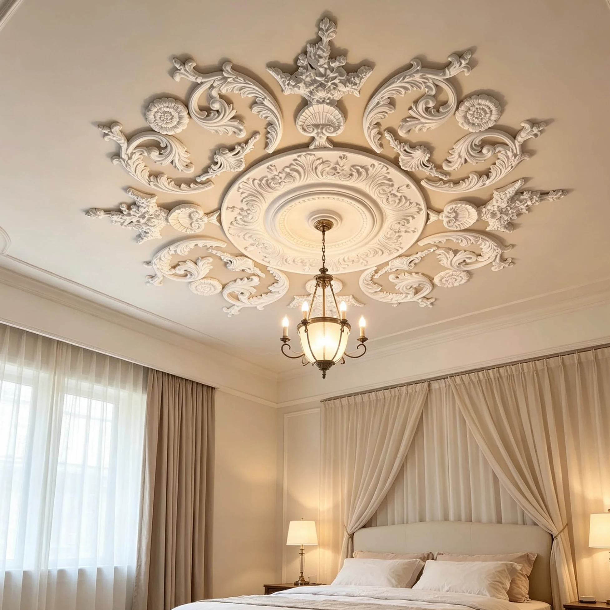 116cm Rosone Lampadario Soffitto Bianco Polistirolo Decorativo | Medaglione del Ventilatore Rotonda Moderno per Pareti Portalampada