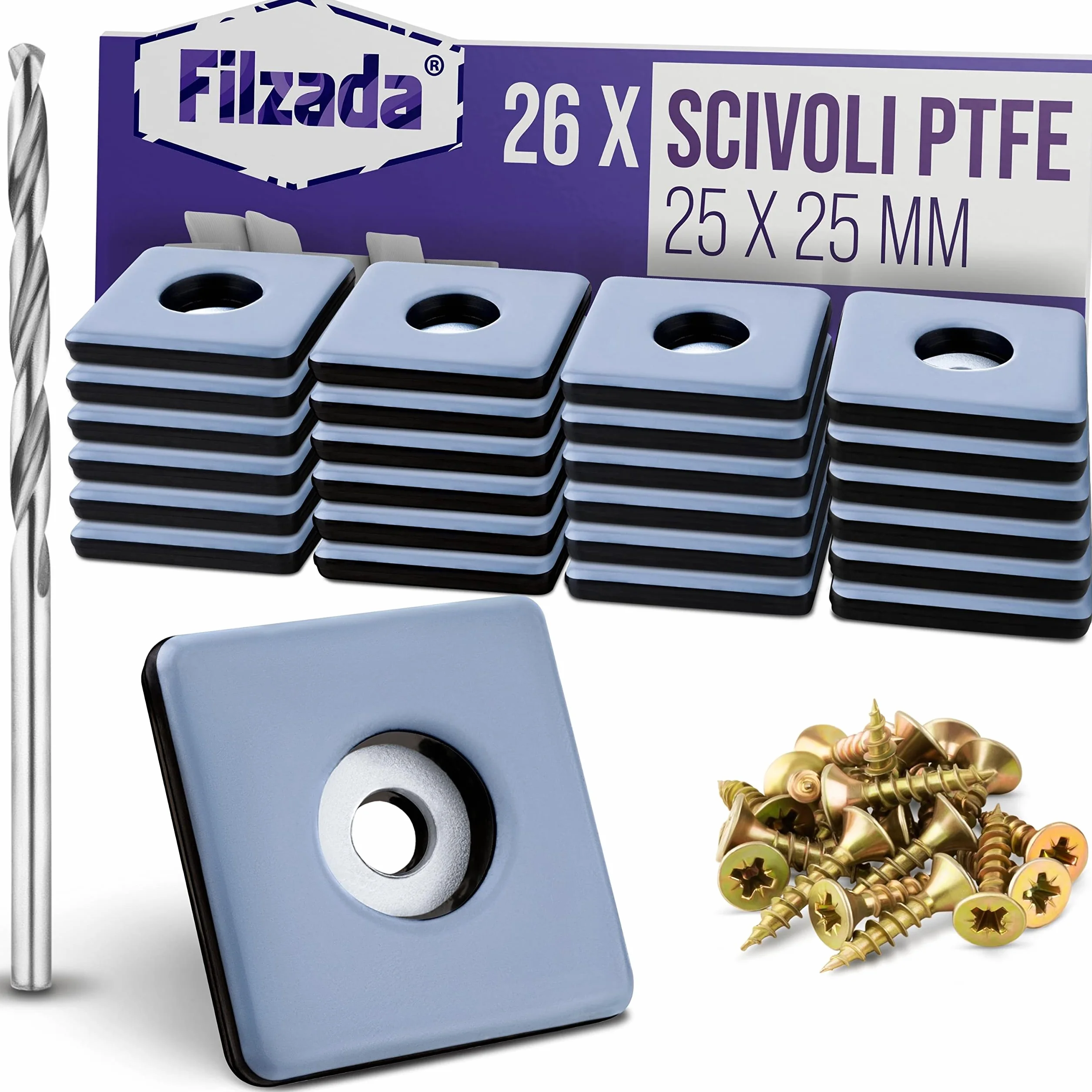 Piedini per mobili in Teflon 26 pezzi 25x25 mm quadrato avvitare PTFE con viti