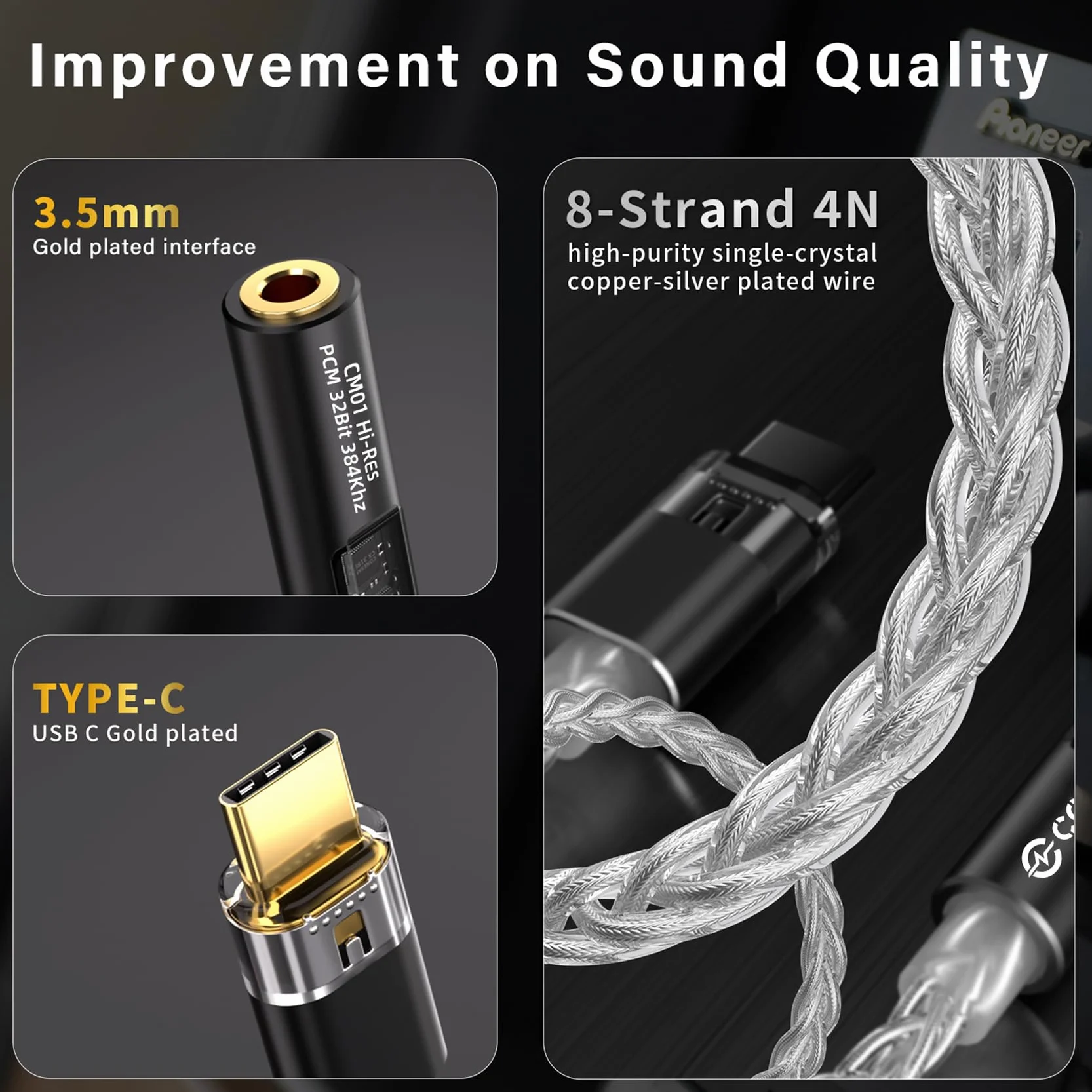 CCZ CM01 Adattatore per cuffie DAC da USB C a jack da 3,5 mm MAX97220 Amp Conexant CX31993 Chip di decodifica, convertitore audio ad alta risoluzione 24 bit/384 kHz con cavo placcato in argento