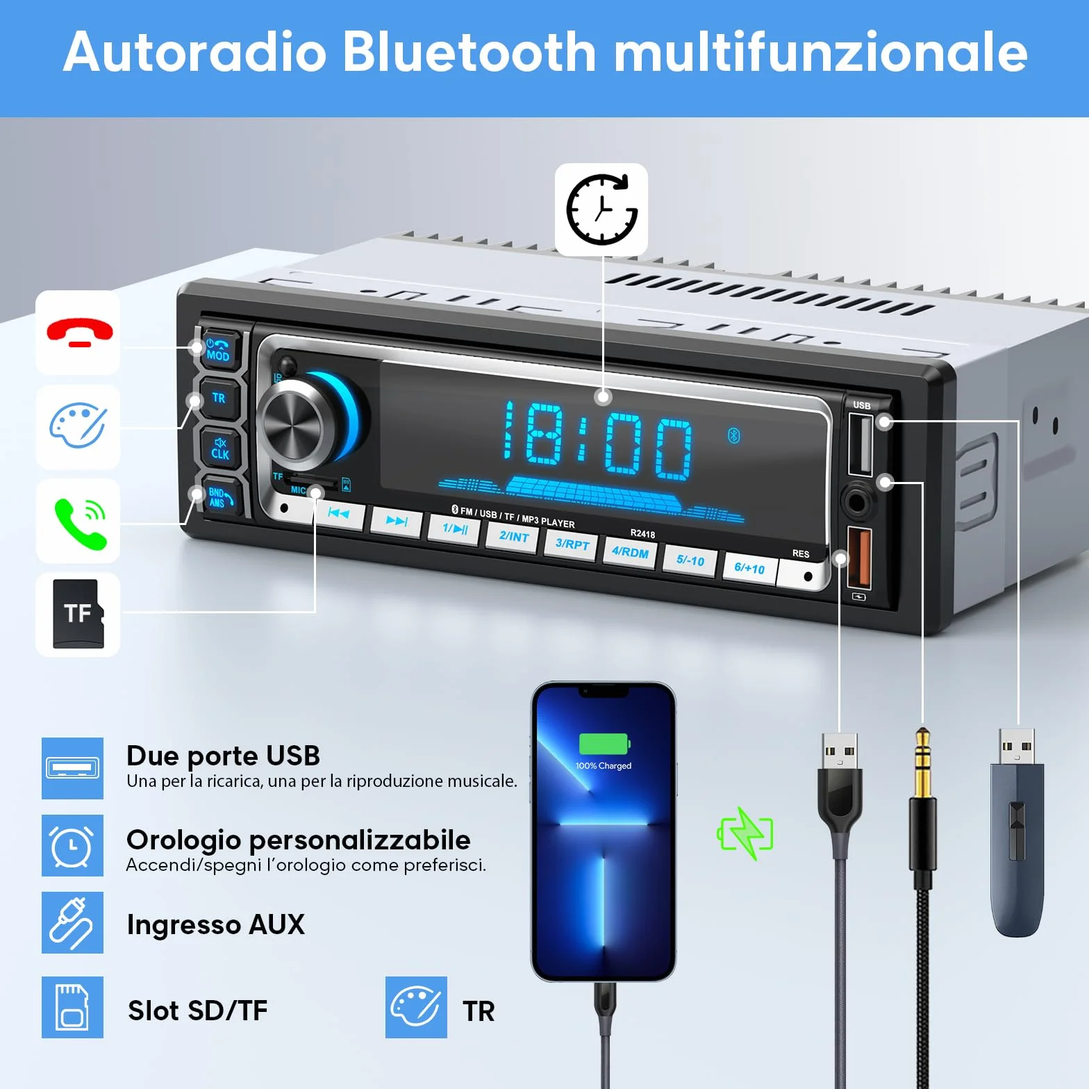 RDS Autoradio Bluetooth 5.0 Vivavoce, Wistrue Stereo Auto Bluetooth FM/AM Autoradio1 Din per Auto, Supporto Vivavoce 2USB/AUX/SD/TF/iOS Android