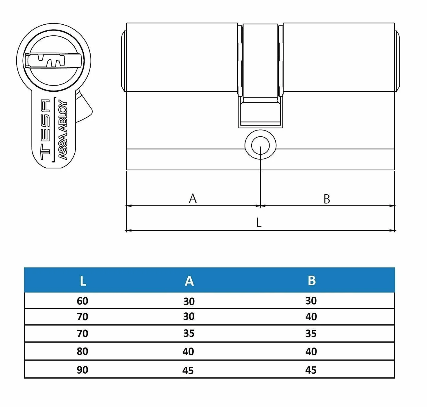 TESA T6553070N Cilindro europeo T60, 30 x 70 mm, nichelato, per serrature a profilo europeo