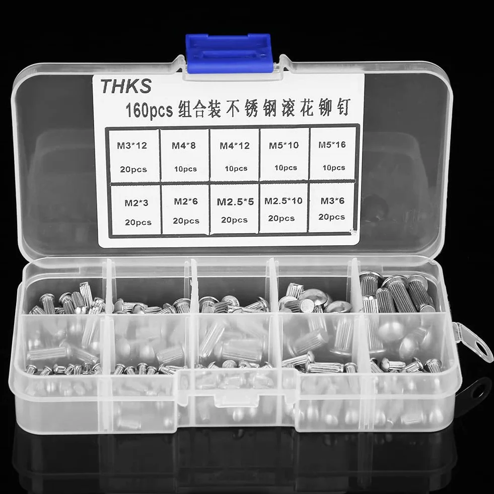 Kit rivetti solidi in acciaio inossidabile M2-M5 160 pezzi testa tonda zigrinato con contenitore