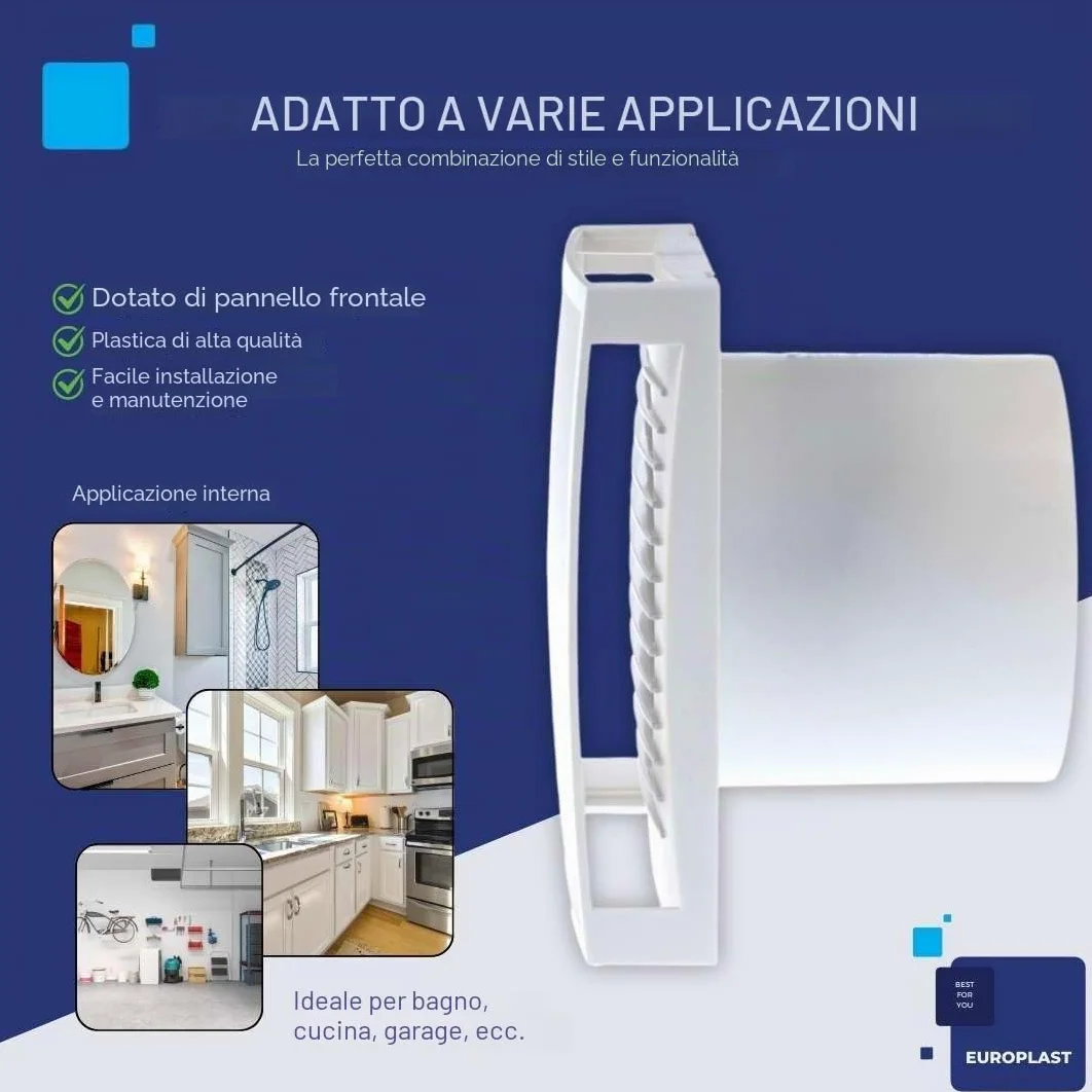 EUROPLAST Ø 100mm Aspiratore Bagno con Timer e Sensore di Umidità - Ventola Aspirazione Bianca - Estrattore Aria - Ventilatore da Parete per Cucina, Garage, WC