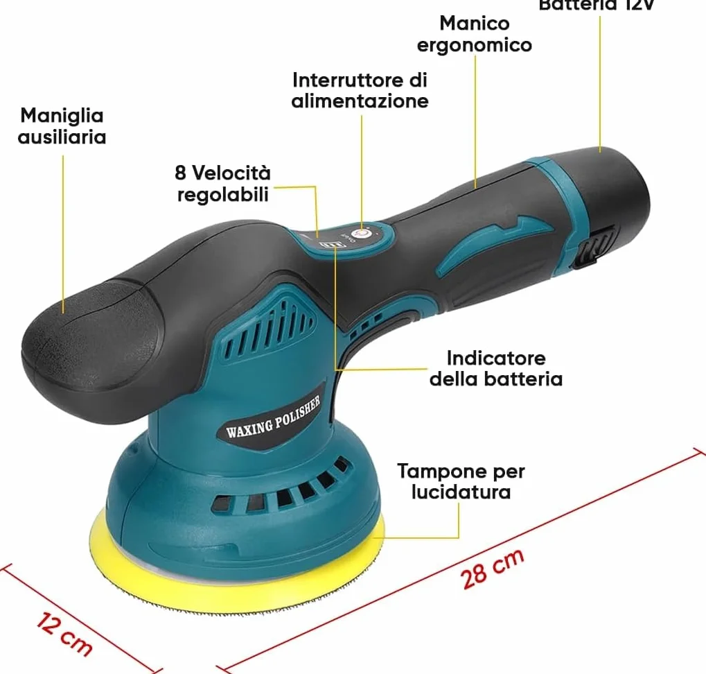 Lucidatrice per Auto a Batteria 24V 380W Professionale Rotorbitale con 2 Batterie 8 Velocità Kit Completo