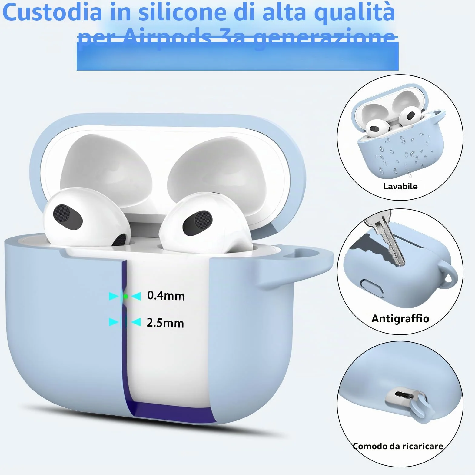 Custodia per Airpods 3a generazione 2021,Custodia protettiva in morbido silicone per Airpods 3 con LED visibile sulla parte anteriore,con kit di pulizia,Azzurro cielo