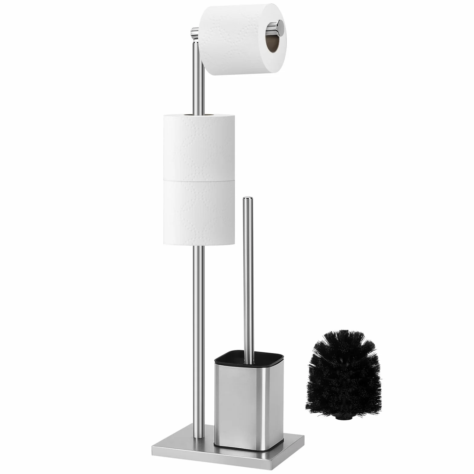 Topsky Portarotolo di carta igienica autoportante con scopino per WC, supporto per rotolo di carta igienica in acciaio inox, scopino e supporto per bagno (argento)