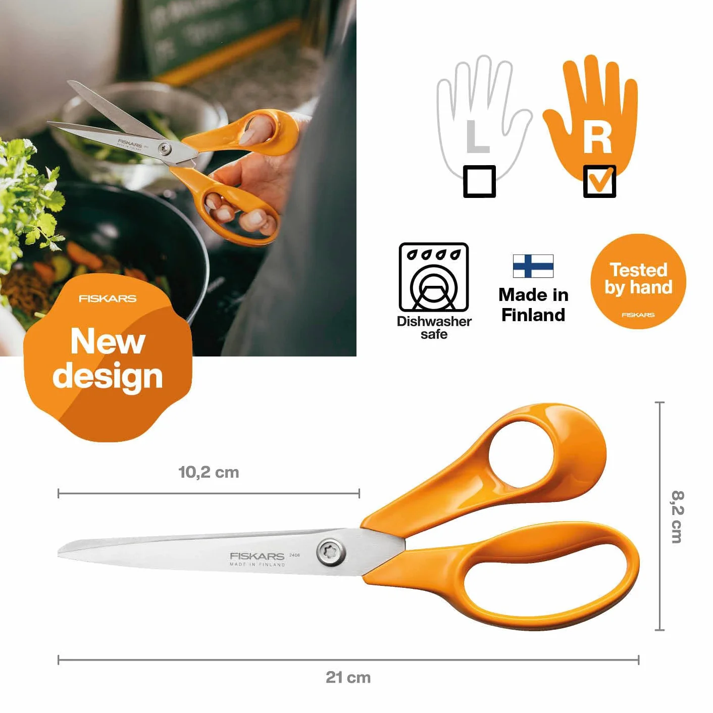Fiskars Classic, Forbici da Cucina Universali, Per Destrimani, Lunghezza Totale: 21 cm, Vite Torx, Impugnatura Ergonomica, Imballaggio Sostenibile, Acciaio/Plastica di Qualità, Arancione, 1075031