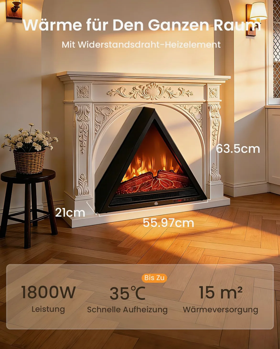 AIRMATE Camino Elettrico, 1800W Triangolare Caminetto Elettrico con Riscaldamento, Effetto Fiamma 3D, Camino Elettrico 4 colori di fiamma, Camino con telecomando, Stufa Elettrica 24H Timer