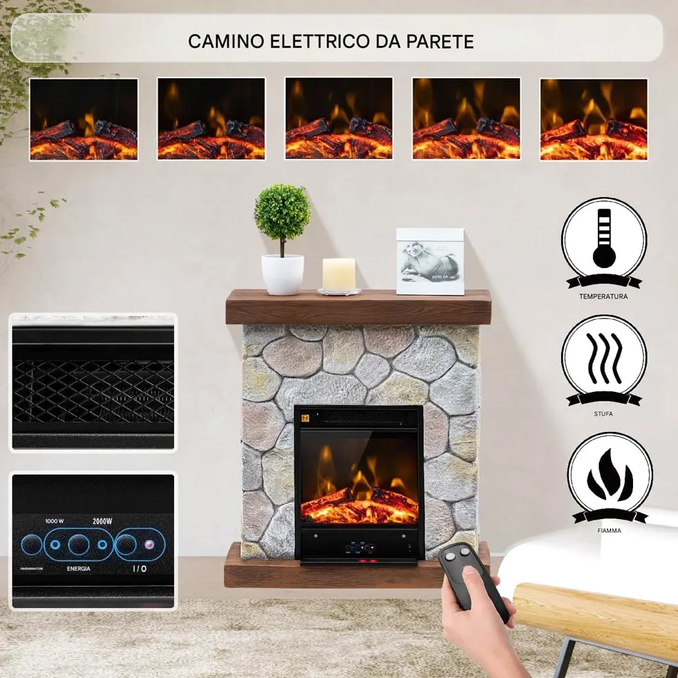 BAKAJI Camino Elettrico a Muro con Cornice Effetto Pietra Potenza 2000W, Caminetto Silenzioso con Telecomando, Stufa a Parete Effetto Fuoco Realistico, Termostato Digitale, Protezione Surriscaldamento