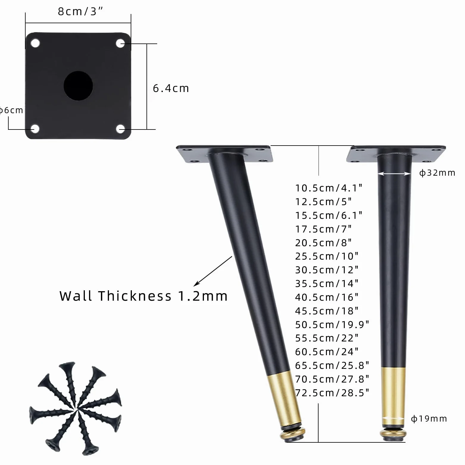 Piedini per Tavolo Conici Di Ricambio 4 Pezzi Piedini Regolabili per Tavolo Acciaio Laminato A Freddo Nero Vernice Spray Piedini per Divano Altezza: 10,5-72,5 cm Piedini per Mobile 50,5 cm/19,9"