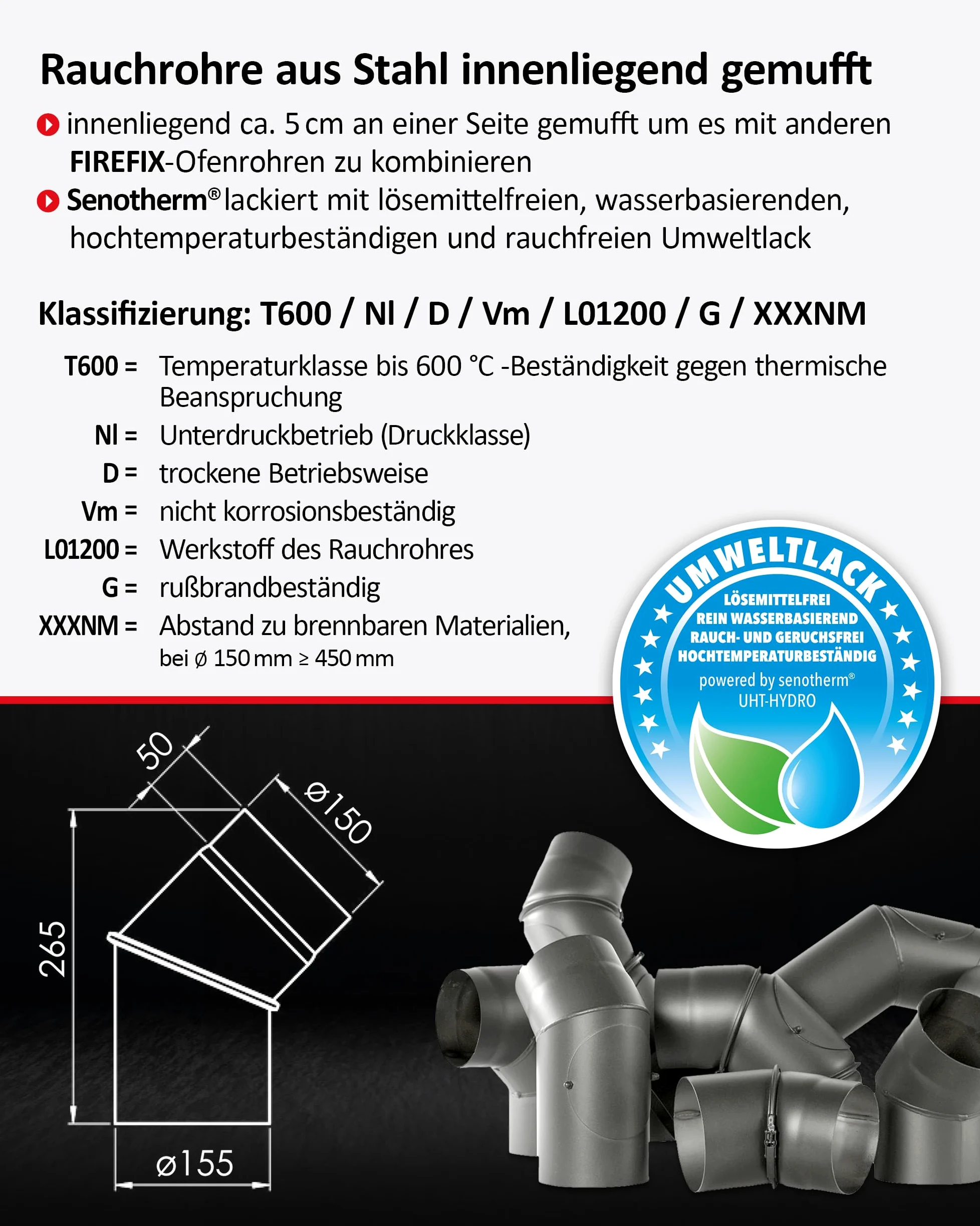 Tubo a gomito in acciaio spesso 2 mm (tubo fumo) di diametro 150 mm, per stufe e fuochi da camino, Senotherm, grigio scuro, regolabile a 0 – 45 gradi, senza porta di pulizia