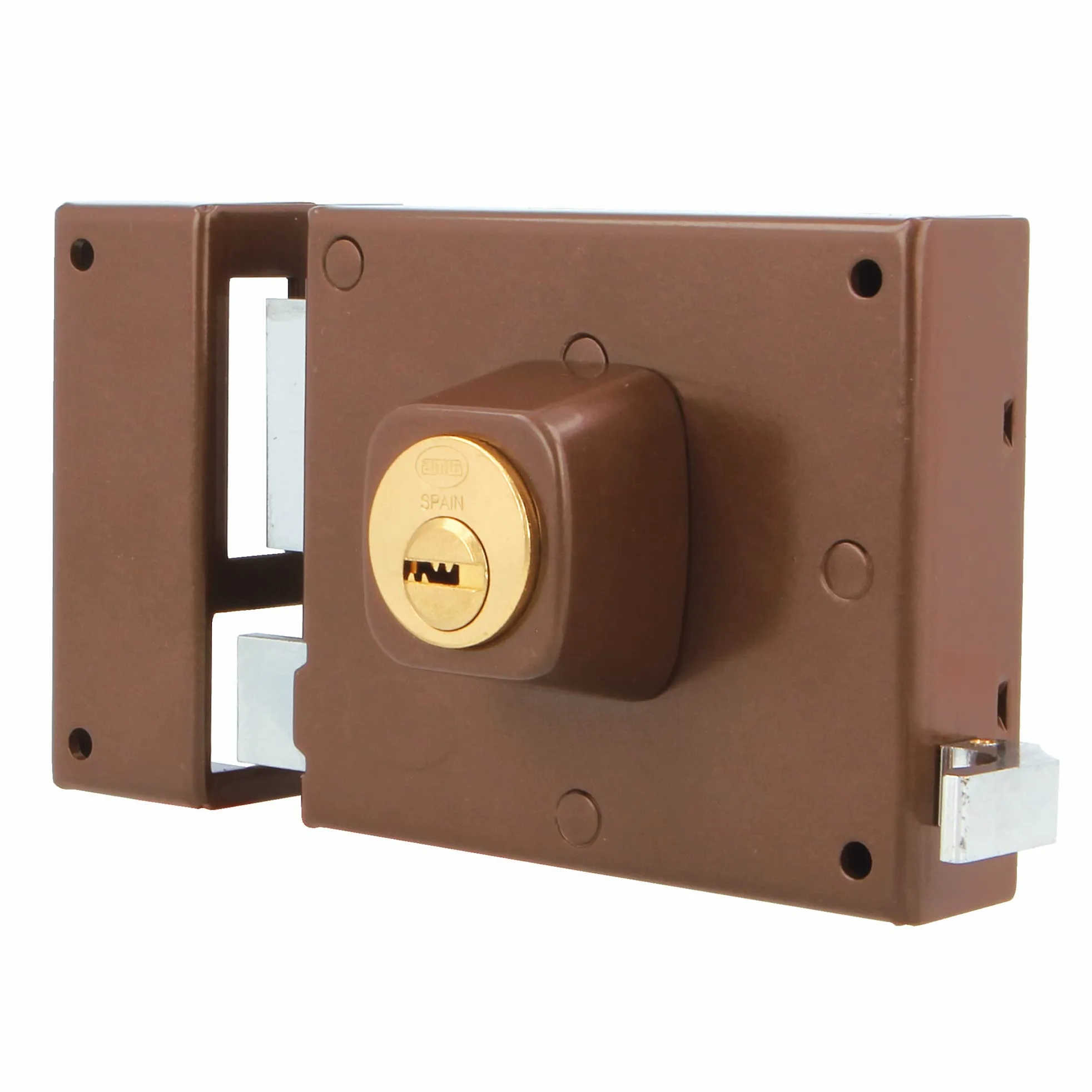Amig - Serratura Sovrapposizione Sinistra Mod. 72 - Con leva, linguetta e maniglia - Sicurezza migliorata con cilindro rotondo, per porte in legno, marrone, 100 x 85 mm