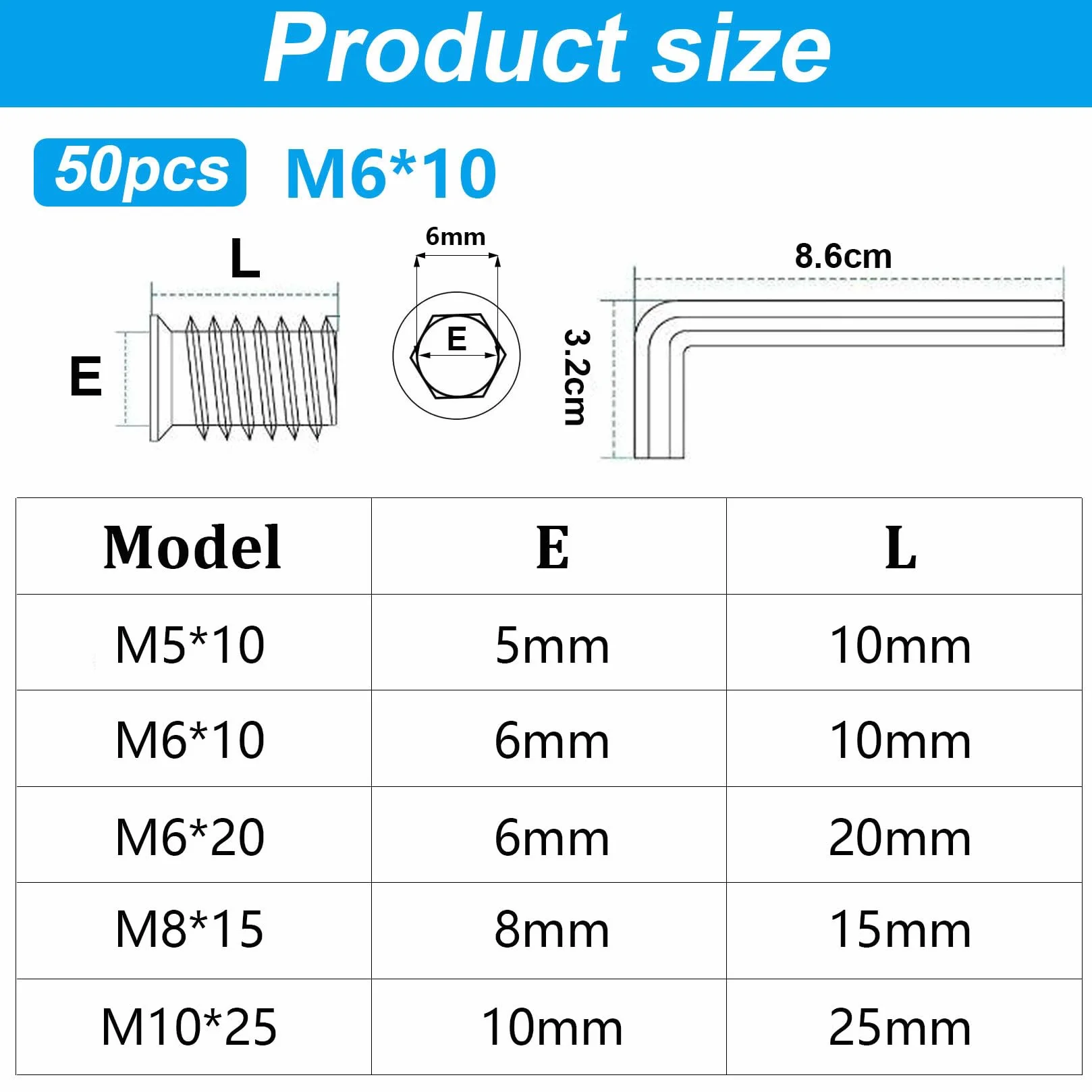 50 Pz Inserti Filettati Dado M6 x 10mm, Rivetti Filettati, Boccole Filettate per Legno, Dado Avvitabile Manicotti Filettatio, Bussole Filettate a Esagono Incassato per Mobili Legno