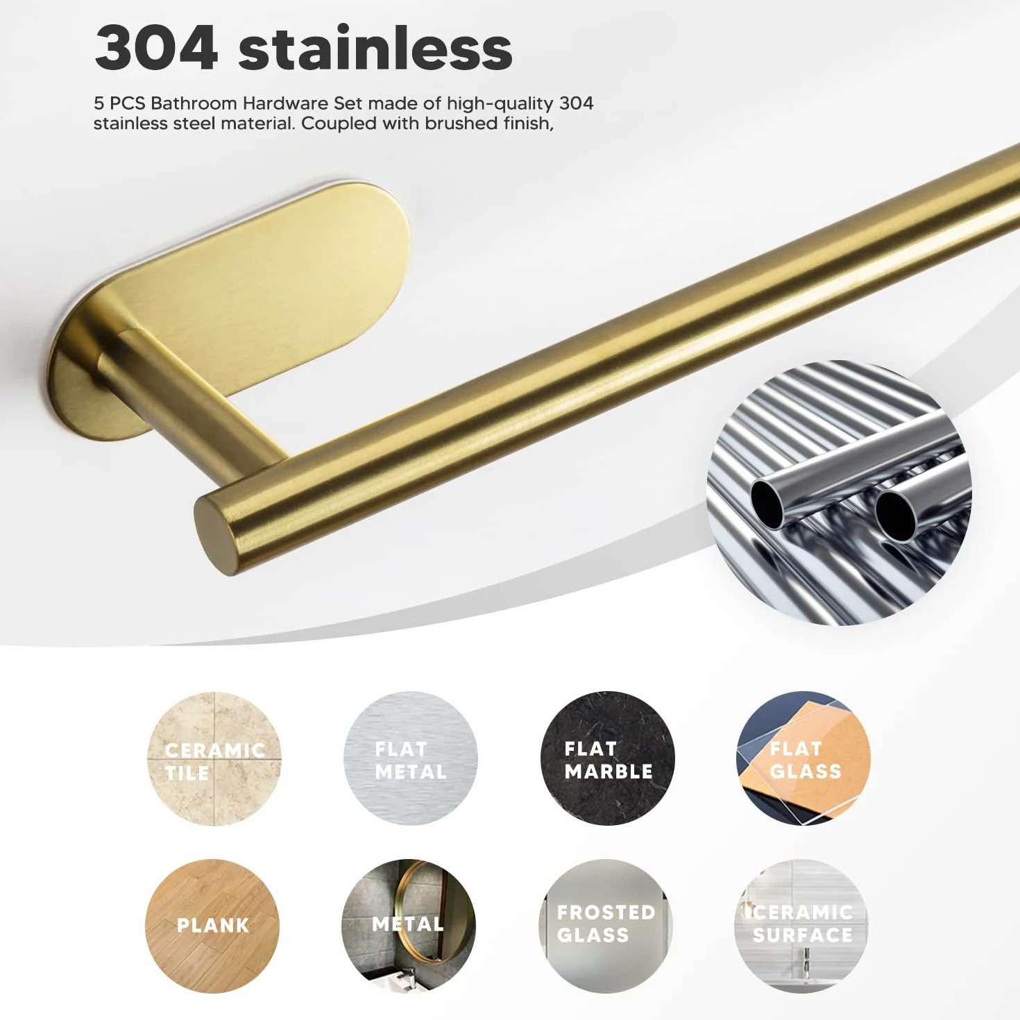 Set Porta Asciugamano 8 Pezzi Acciaio Inox Autoadesivo a Parete Bagno Cucina Oro