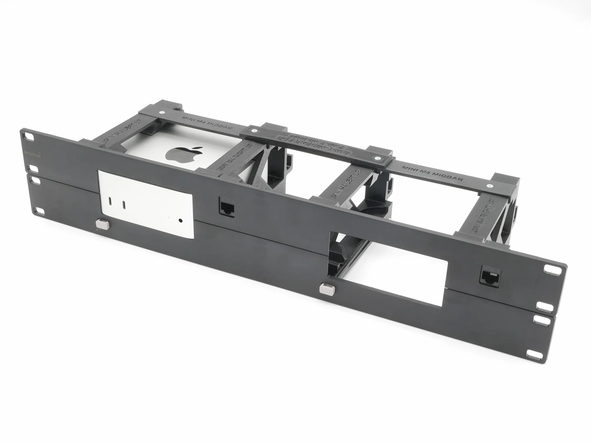 Supporto rack per 2 pz apple mac mini M4 - frontale stampato a iniezione - Rj45 keystone incl e braccio on/off remoto