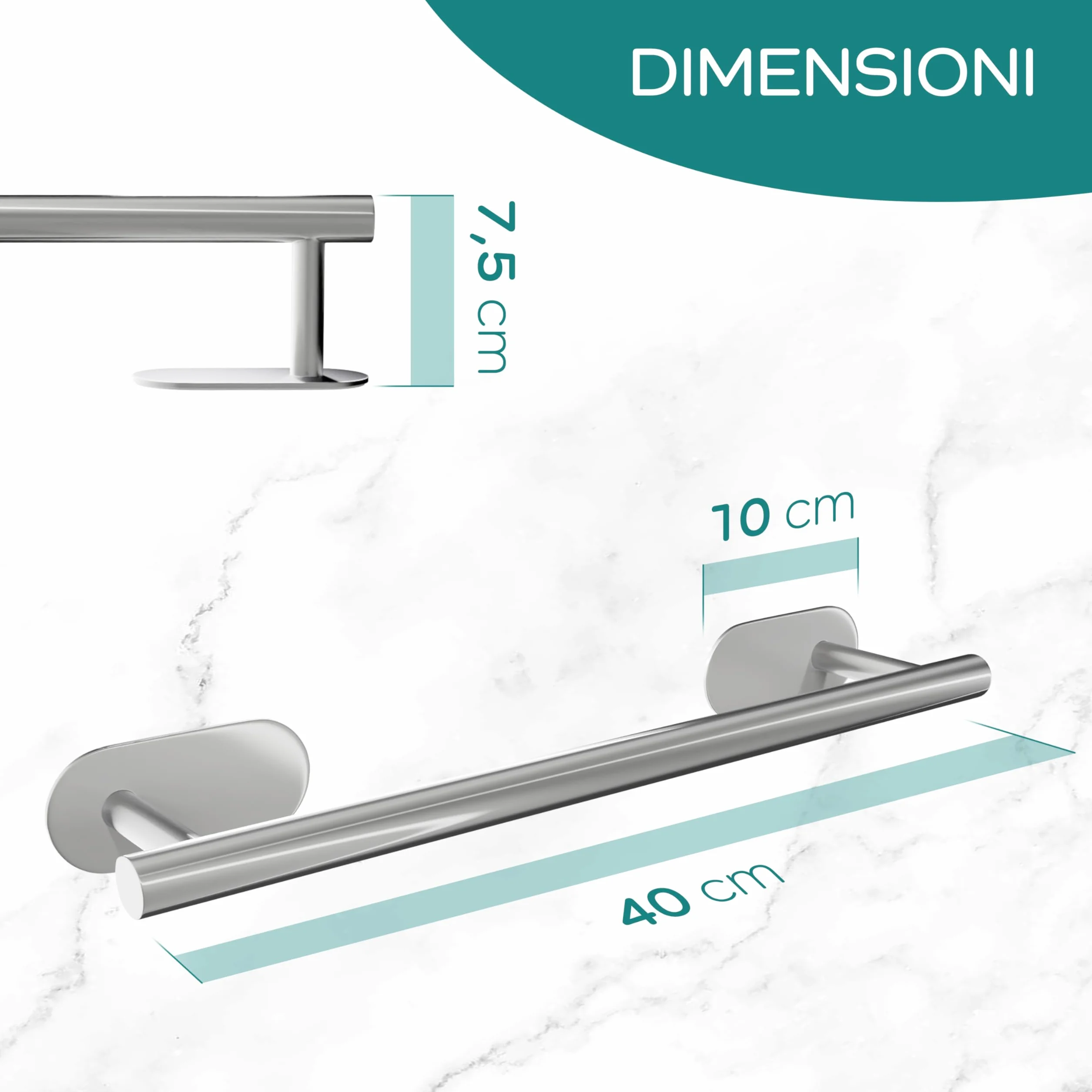 Porta Asciugamani Bagno Acciaio Inox Adesivo 40cm x 7,5cm - Extra Resistente