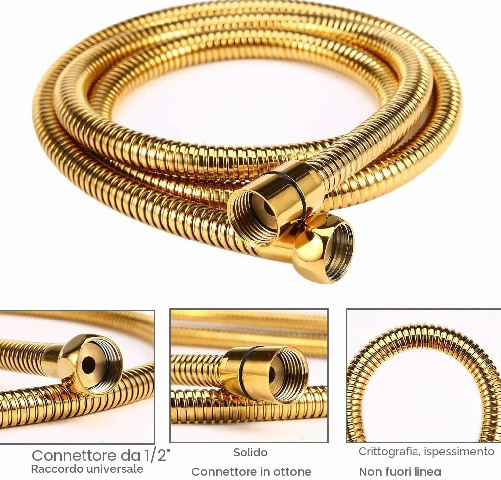 Tubo doccia dorato per doccetta doccia, Tubo flessibile per doccia oro 1,5M in acciaio INOX, Anti-nick, regolabile, cromato
